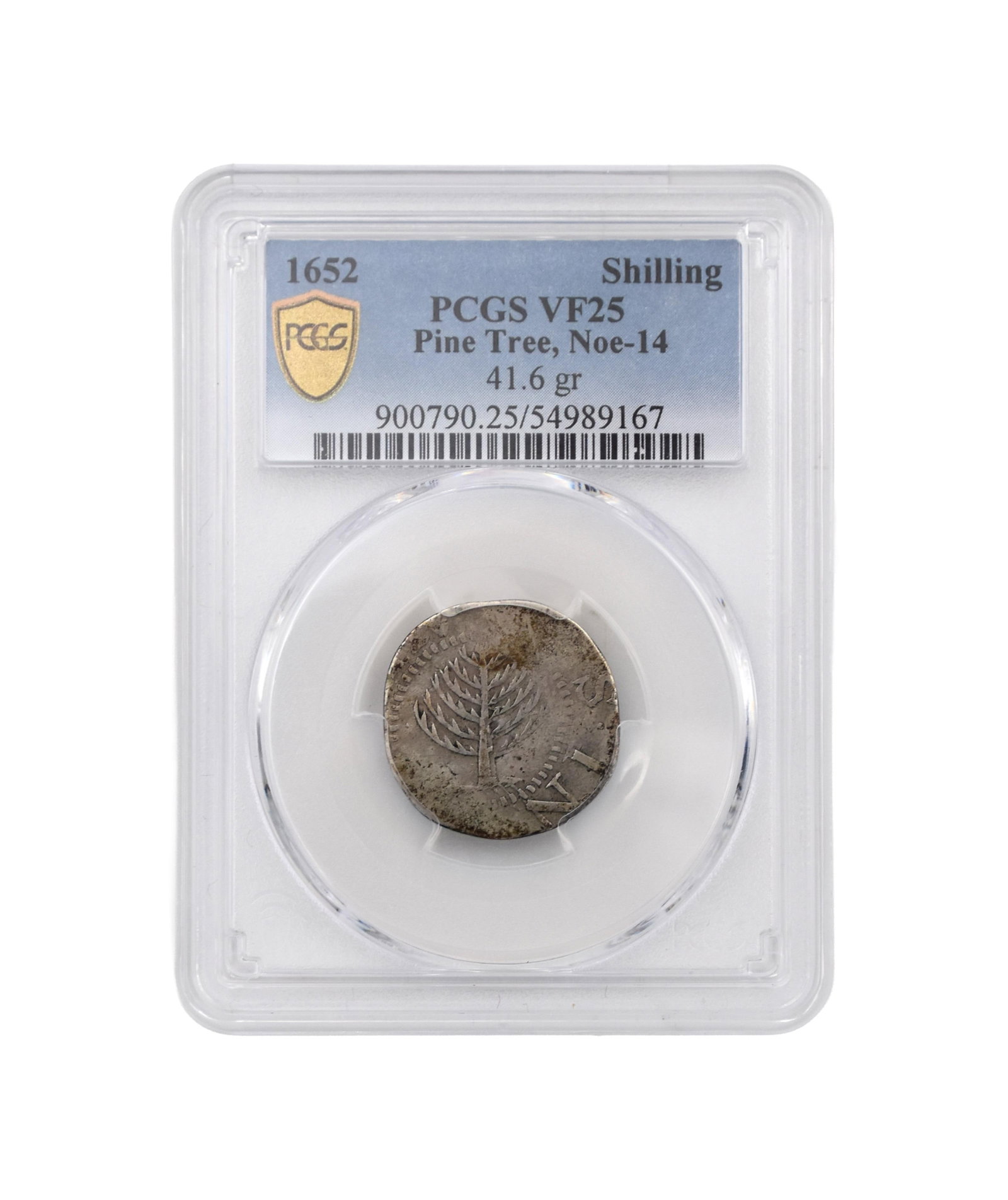 Pine Tree Shilling: Ca. 1652. NoE14 VF25. Colonial counterfeit. 41. 6 grams. Provenance: Burr Family of Hingham, Massachusetts. PCGS graded and encapsulated. IMPORTANT- Please note: all items are sold as is, where is,