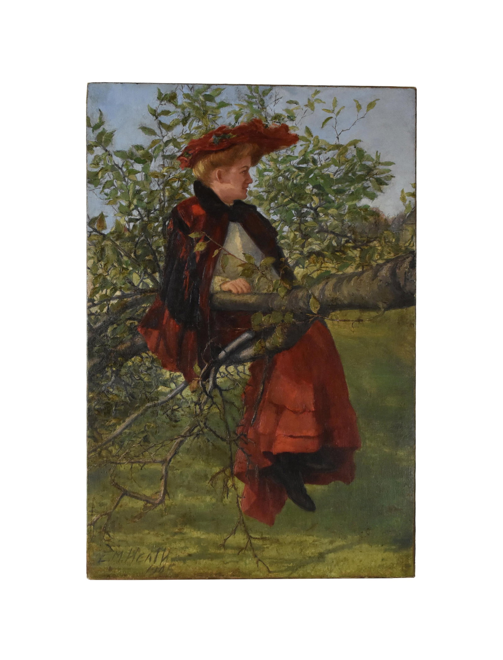 Edda Heath Painting: (American/California/New York, 1874-1972). Oil on canvas. "In the Orchard". Signed and dated lower left. 54" high x 36" wide. Unframed. Skinner label on verso. Provenance: Estate of Alfred J. Walker, 