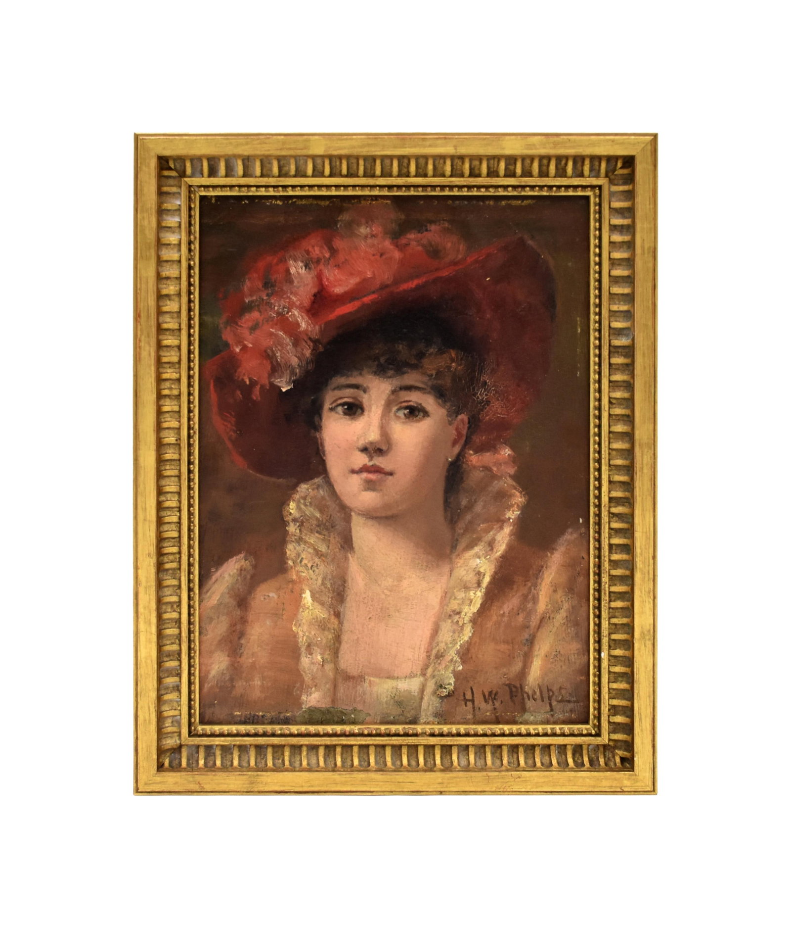 Helen Watson Phelps Painting: (American/Massachusetts/New York, 1864-1944). Oil on artist's board. Portrait of a woman in a red hat adorned with flowers. Signed lower right. Sight size: 8 1/2" high x 6 1/2" wide. In reproduction
