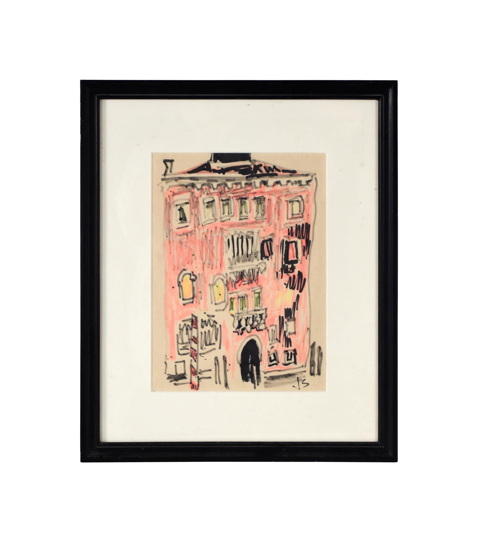 Joseph Solman Painting: (Russian, 1909-2008). Mixed media. Drawing made on site in Venice in October, 2022. Signed lower right. Sight size: 13" high x 9 1/2" wide. In a plain black wooden frame under glass measuring: 20 3/4"