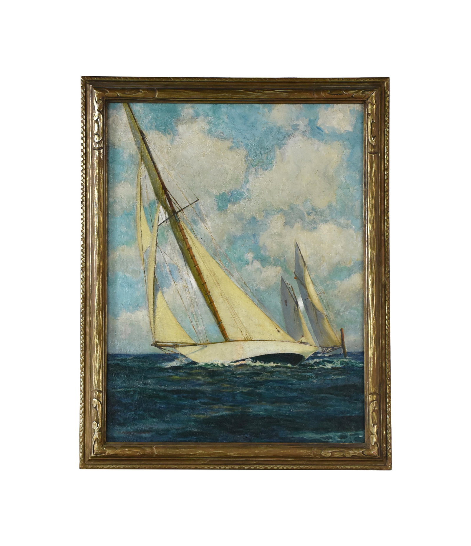 Alfred Trueman Painting: Ca. 1930. Oil on Masonite. Cat boats. Signed lower left. Sight size: 28 1/2" high x 21 1/2" wide. In an exceptional carved frame measuring: 33" high x 26" wide. Good condition. IMPORTANT- Please