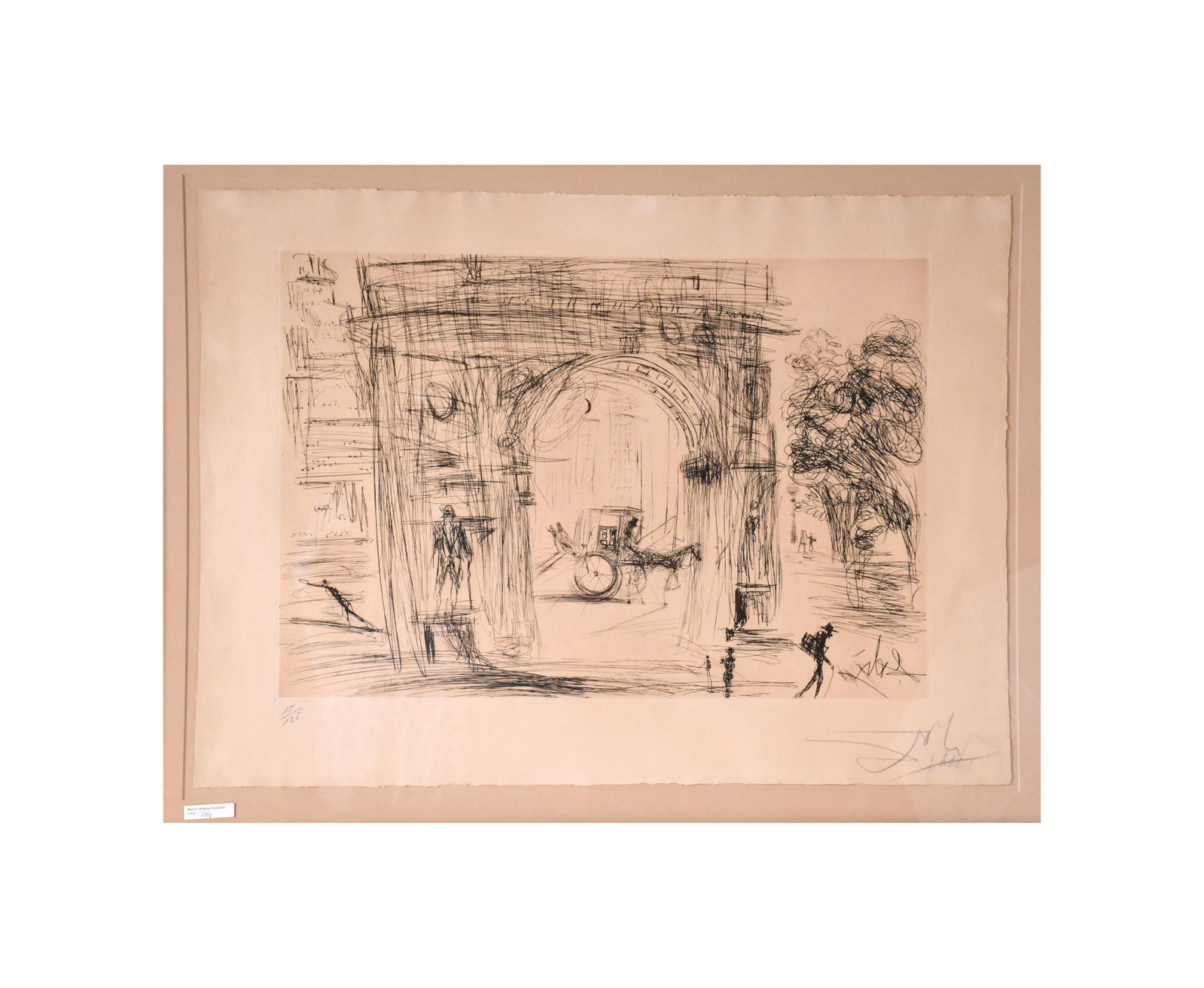 Salvador Dali Etching: (Spanish, 1904-1989). "Washington Square". Signed in pencil lower right. #15/125 lower left. Sight size: 22" high x 30 1/4" wide. In a burl finish frame under UV glass measuring: 27 3/4" high x 36"