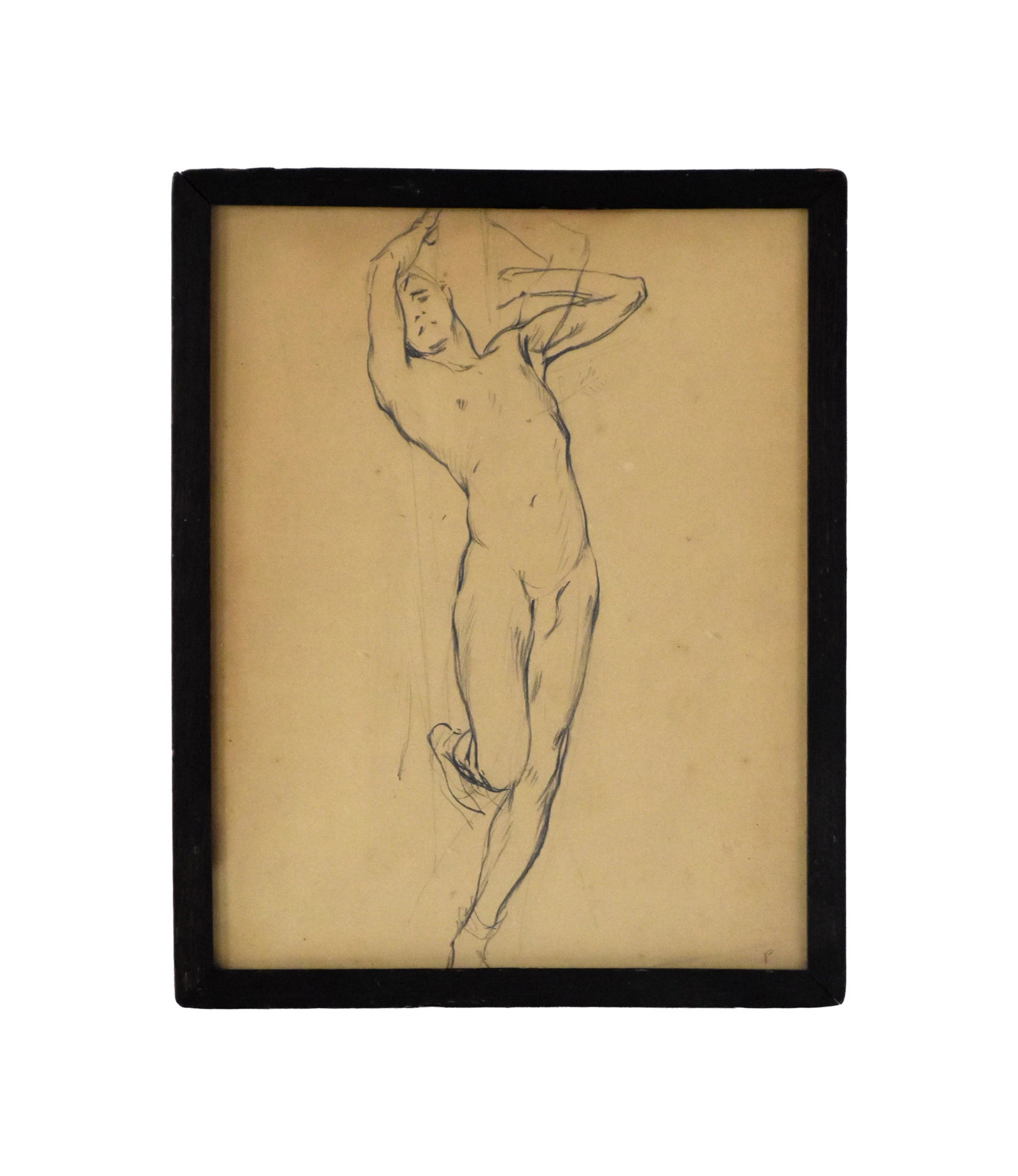 Philip Leslie Hale Drawing: (American/Massachusetts, 1865-1931). Graphite on paper. "Saint Sebastian". Depicts a nude male tied to a cross. Unsigned. Numerous exhibition labels on verso including: Saint Botolph Club; Alfred J. W