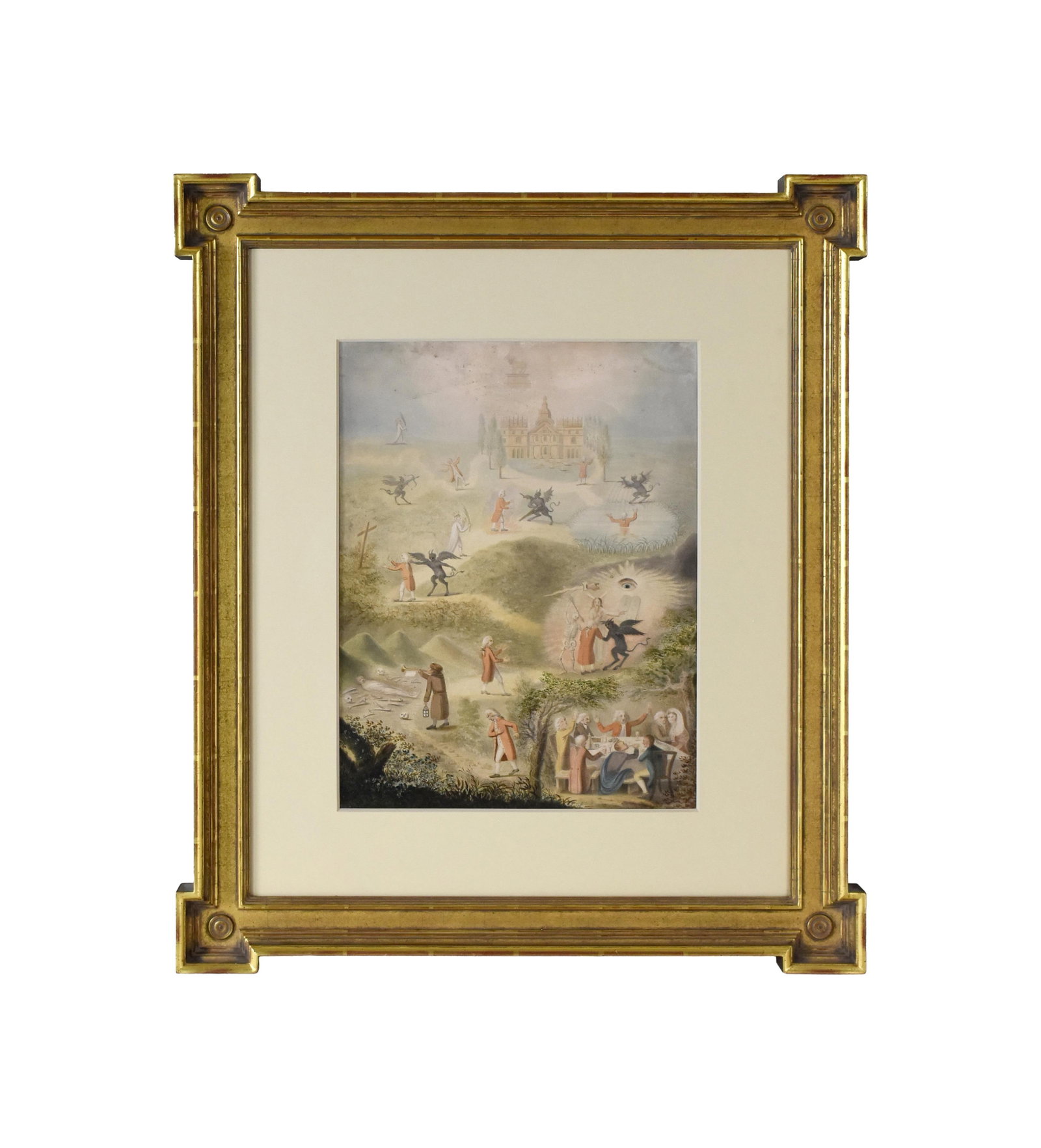 "The Road to Heaven" Watercolor : 18th C. Watercolor on laid paper. English folk art. Religious parable illustrating the soul's journey through purgatory to the palace of heaven. Unsigned. Sight size: 17 1/2" high x 13 1/2" wide. In