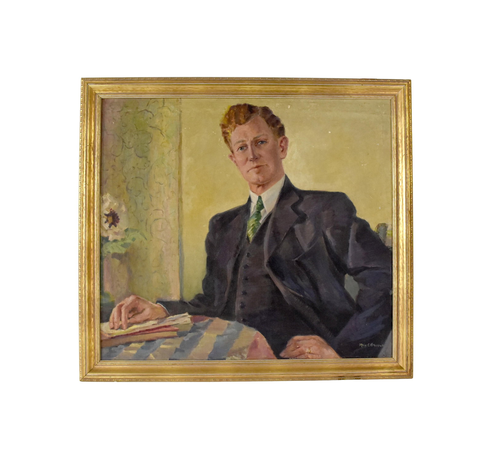 Mary C. Peterson Painting: (American/Illinois, 1886-1967). Oil on canvas. Portrait of a young well-dressed gentleman. Signed lower right. Partial old exhibition label from 1935 on verso. Sight size: 30 1/2" high x 34" wide. In 