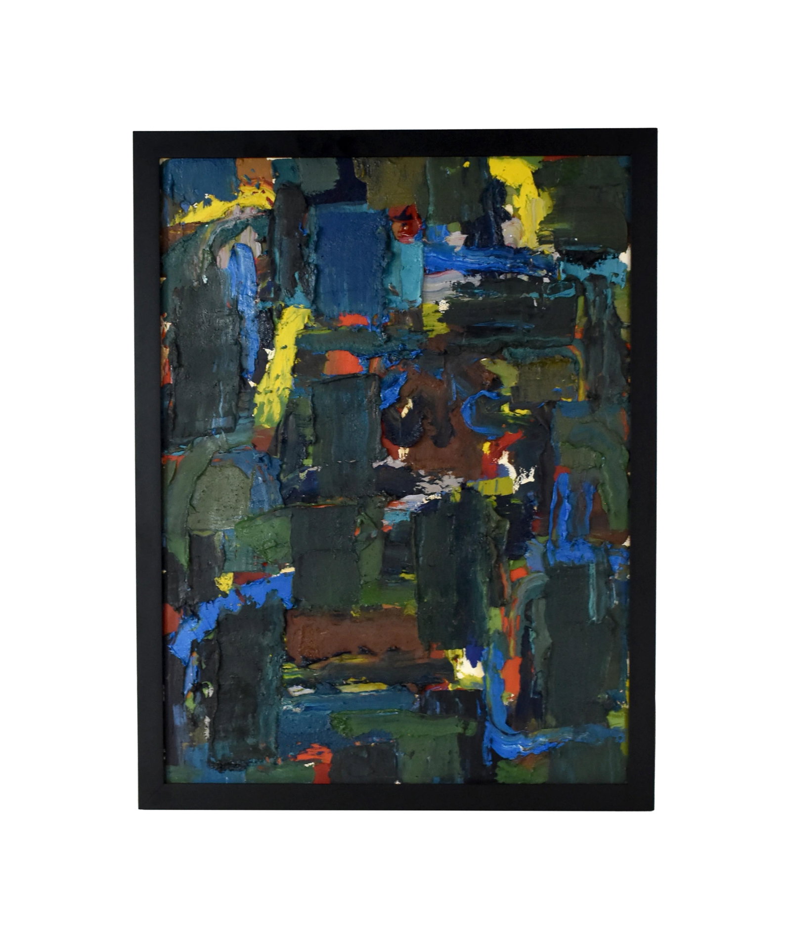 David C. Kelley Painting: (American/Massachusetts, 1928-2018). Abstract and heavy impasto. Signed with inscription on back. Dated 2005. Sight size: 29 5/8" high x 22" wide. In a plain black wooden frame measuring: 32 1/4" high