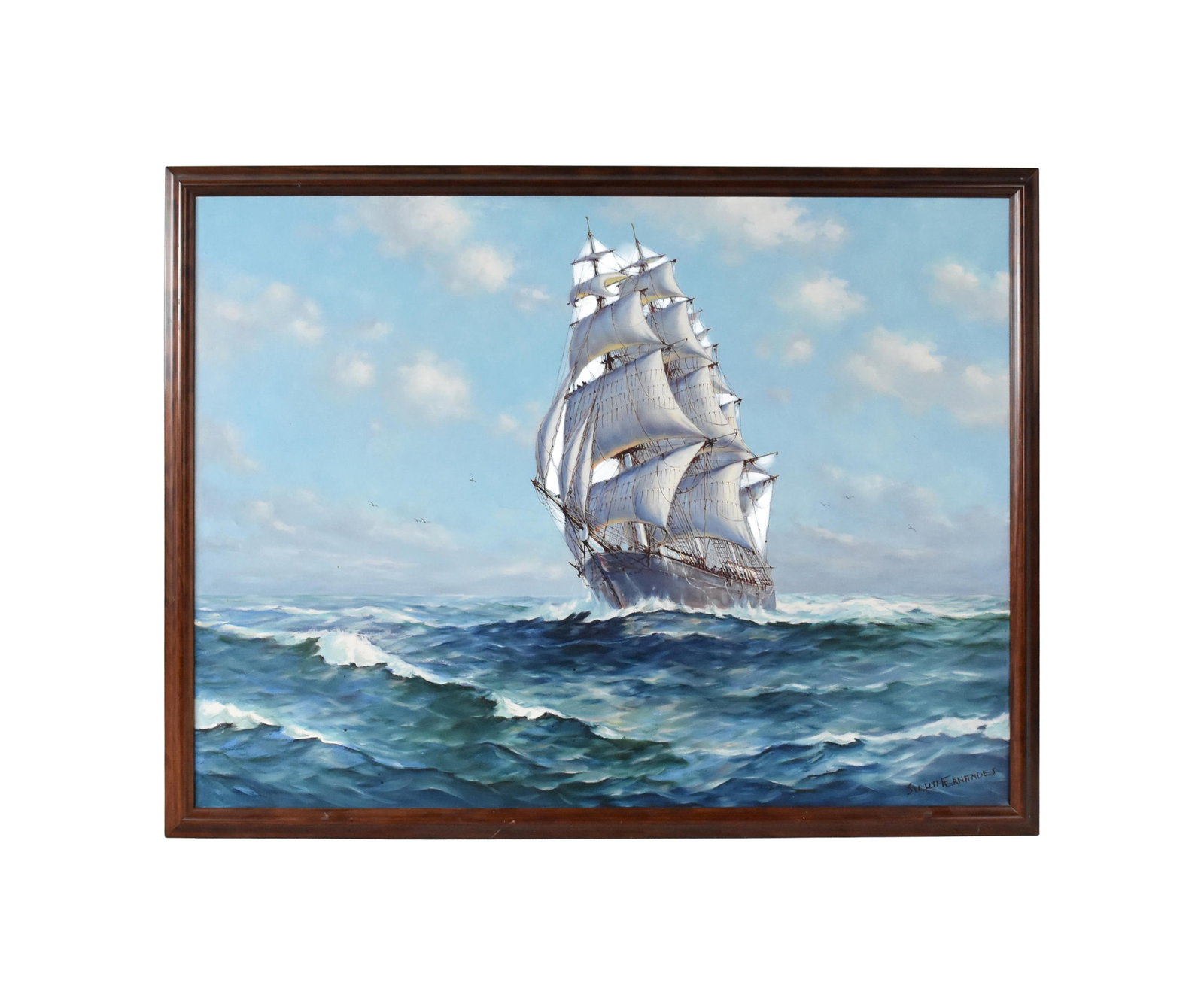 H. Silva Fernandes Painting: (Brazil/American/Massachusetts, 1937-2005). Oil on canvas. Depicts a whaleship under sail in rough seas. Probably the CHARLES MORGAN. Signed lower right. Sight: 29 1/2" high x 39 1/2" wide. In a