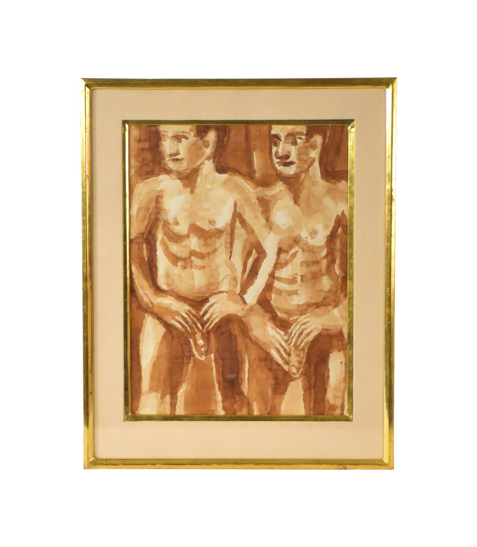 Donald C. Kelley Painting: (American/Massachusetts, 1928-2018). Watercolor. "Two Nudes". Sight size: 24" high x 18" wide. In a gold gilt frame under glass measuring: 32 3/4" high x 26 1/4" wide. Provenance: Estate of Alfred J.
