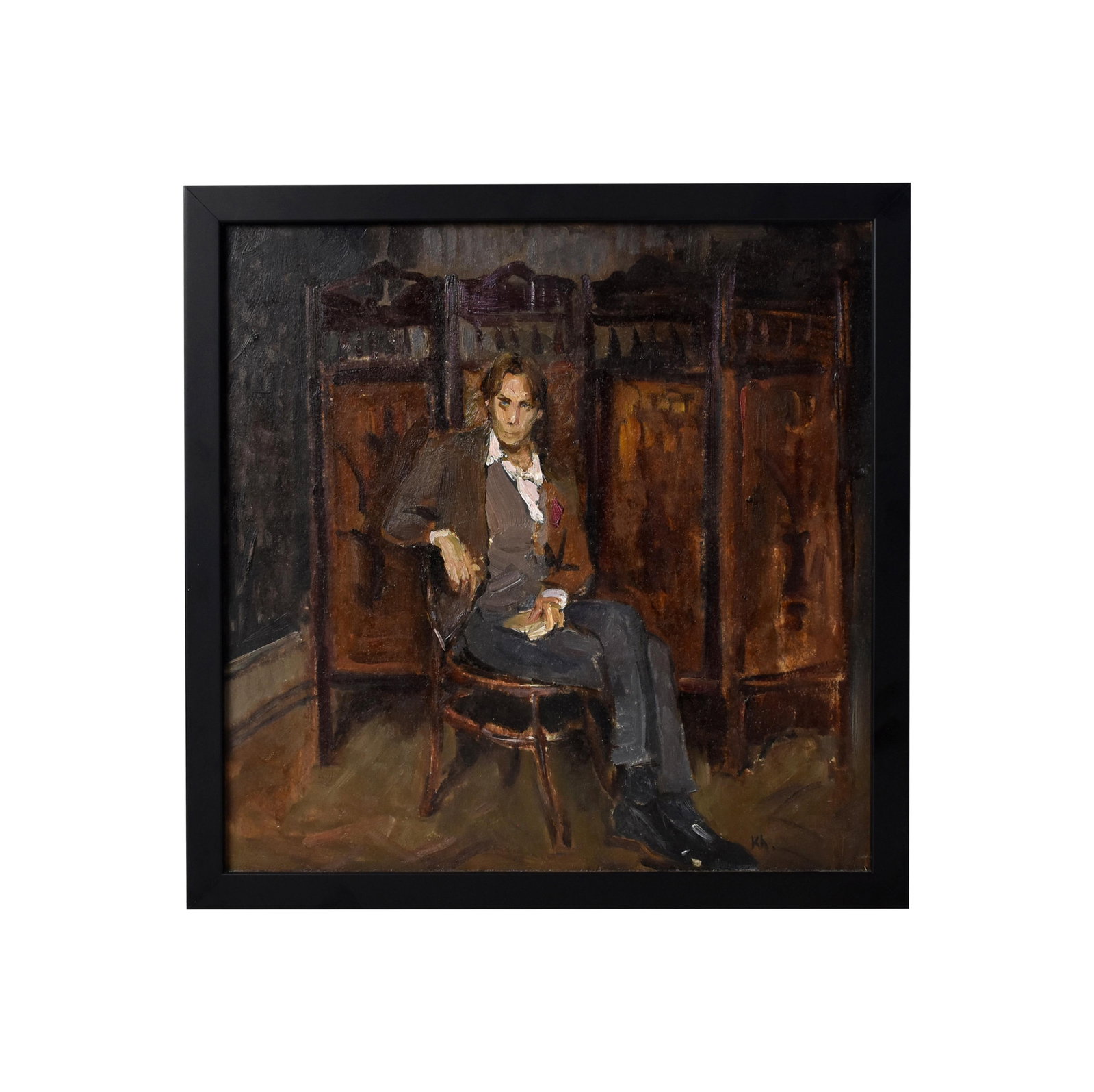 Marat Hannanov Painting: (Russian). Oil on Masonite. Depicts a seated gentleman. Initialed lower right. Titled in Russian and dated 2013 on verso. Sight size: 13 1/2" high x 13 1/2" wide. In a black frame measuring: 15" high