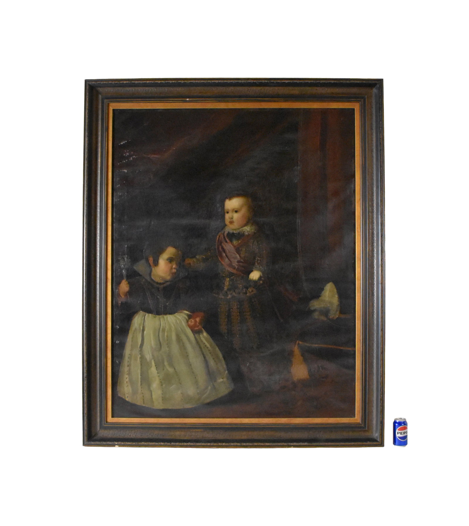 After Diego Rodriguez de Silva y Velazquez: (Spanish, 1599-1660). Probably 18th C. Oil on canvas. Prince Balthasar Charles with a dwarf. Sight size: 56 1/4" high x 43 3/4" wide. In a carved wooden frame with gilded liner measuring: 65 3/4"