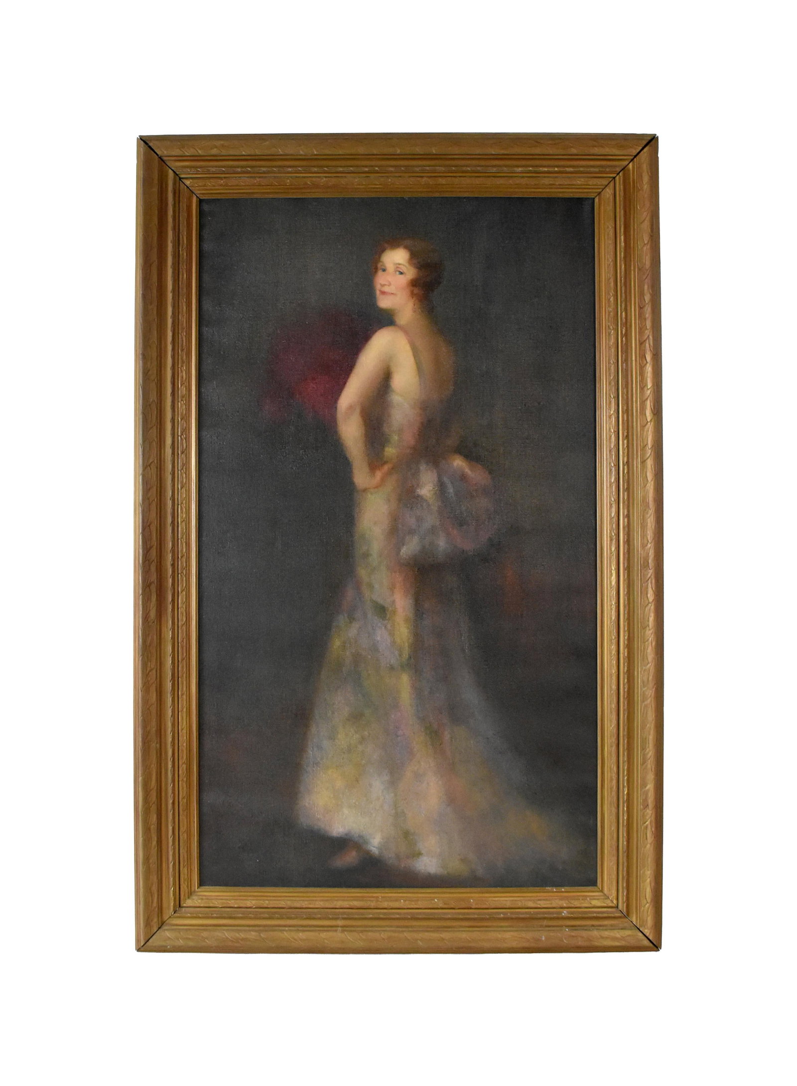 Portrait of a Young Woman in Elegant Gown: Ca. 1920. Oil on canvas. Boston School. Full length portrait. Unsigned. Sight size: 48" high x 27 1/4" wide. In a period carved wooden frame measuring: 56 1/2" high x 36" wide. Provenance: Estate of
