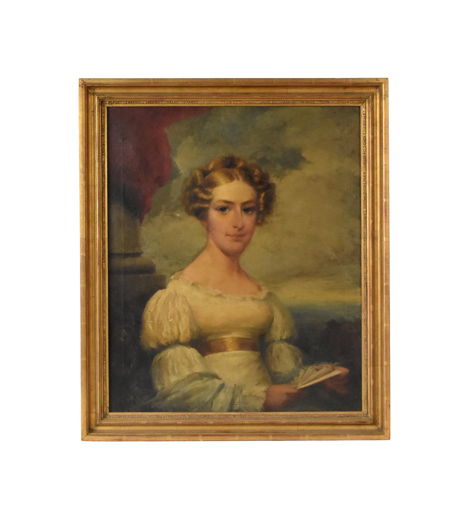 Portrait of a Young Woman: Early 20th C. Oil on canvas. Signed "Irving" on verso. Sight size: 29 1/2" high x 24 1/2" wide. In a carved and gilded frame measuring: 34 1/2" high x 29 1/2" wide.Shows faint crease lines on left