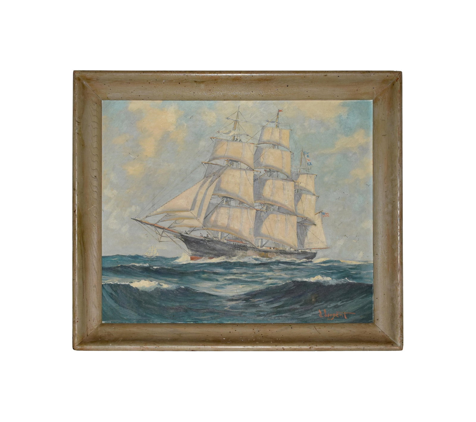 Sam Sargent Painting: (American/Maryland, 1889-1958). Oil on artist's board. "The FLYING CLOUD". Signed lower right and on verso. Dated 1954 on verso. Sight size: 24 1/2" high x 29 1/4" wide. In a driftwood finish frame