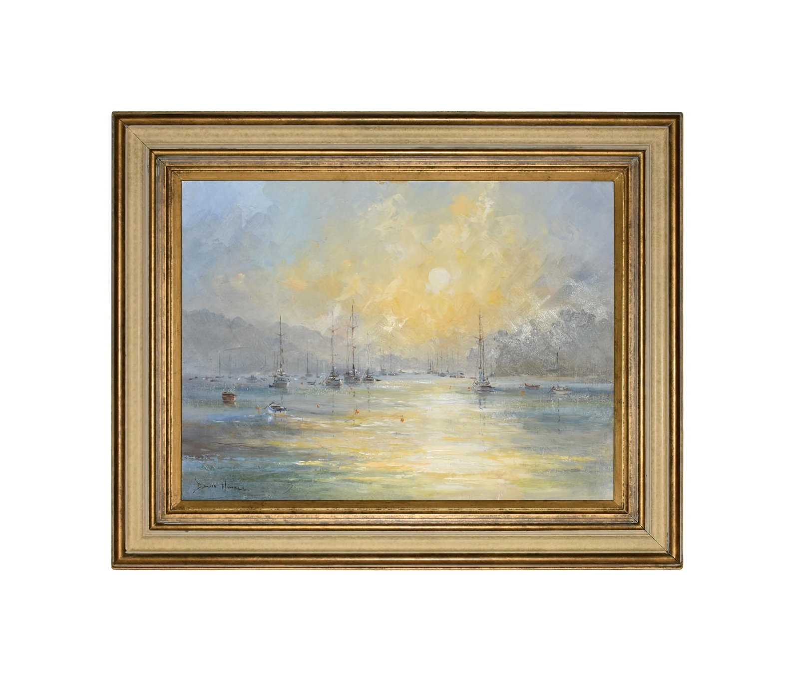 David Howell, R.S.M.A. Painting: (Canada, b. 1949). Oil on artist's board. "Summer Morning, Salcombe". Sight size: 19" high x 25" wide. In a gilded carved wooden frame measuring: 24 3/4" high x 30 3/4" wide. Peter Headley Gallery,
