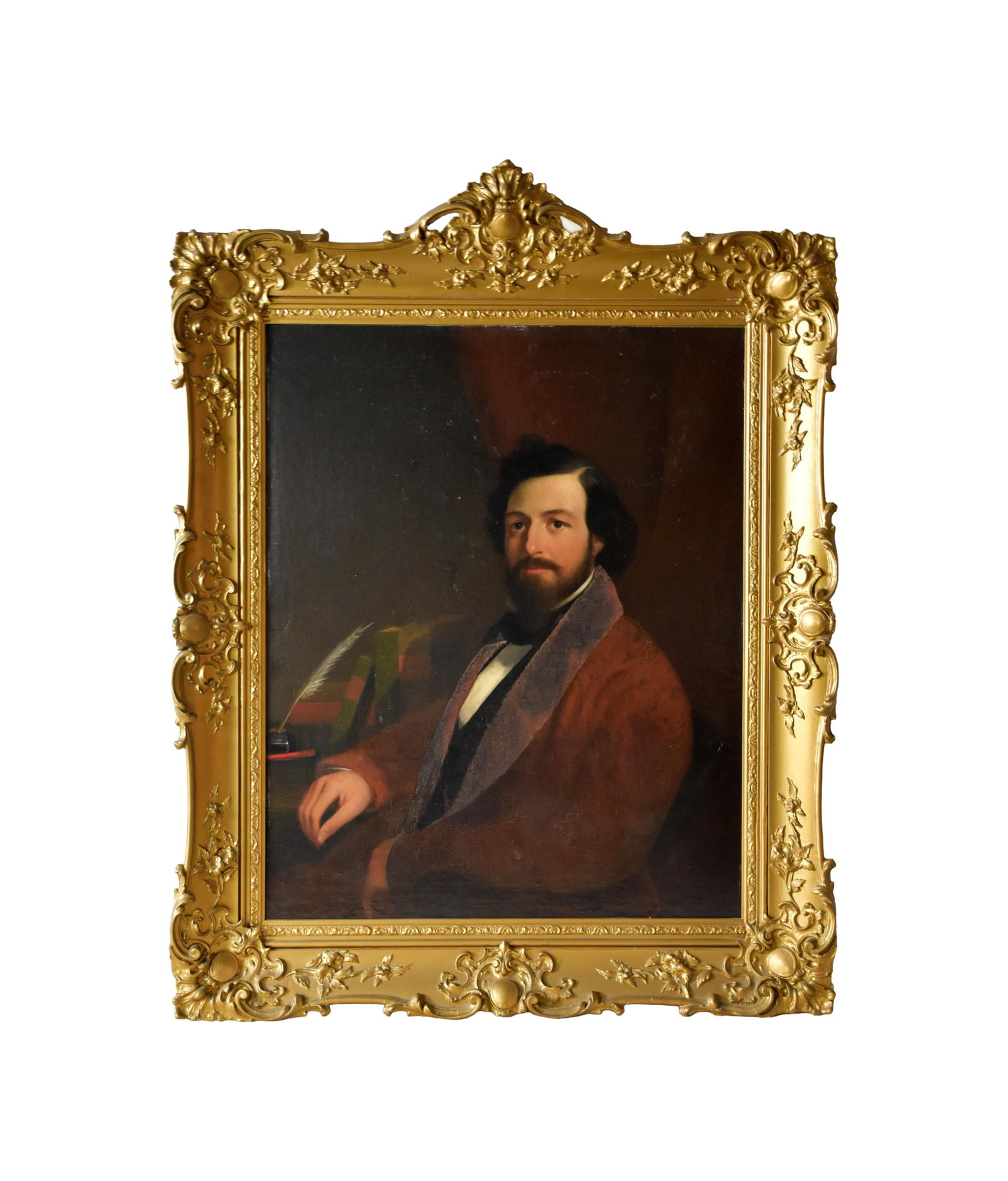 Portrait of a Gentleman: 19th C. Oil on canvas. Unsigned. Sight size: 35 1/4" high x 28 1/2" wide. In an ornate Victorian gesso frame measuring: 49 1/2" high x 38 1/2" wide.On canvas but laid down on Masonite board in the