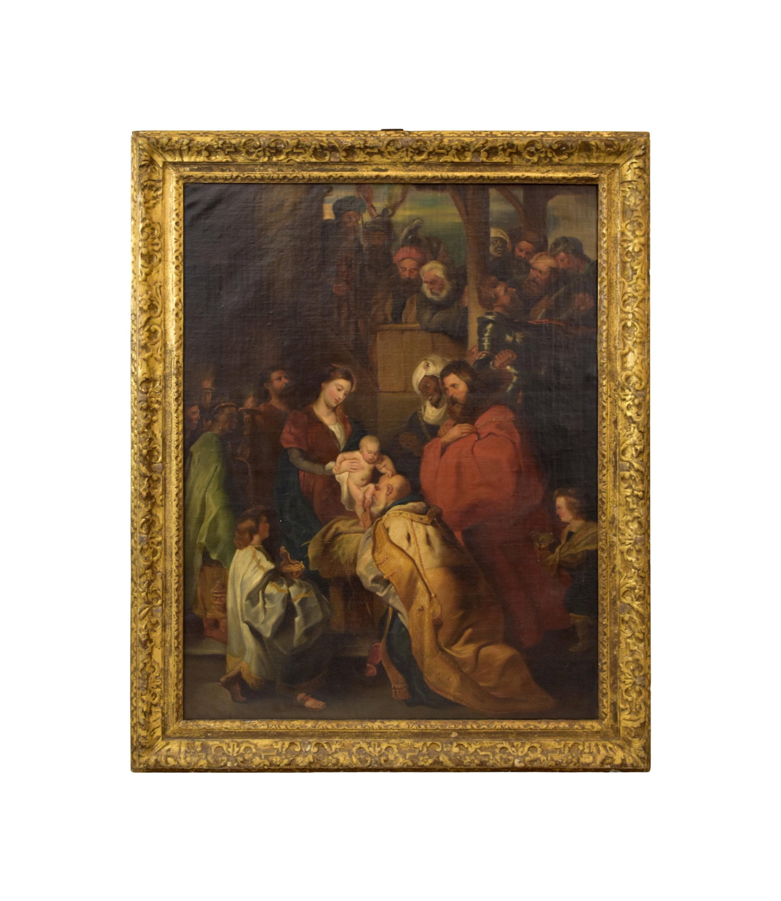 Painting After Van Dyke: 19th C. Oil on canvas. "The Adoration". Unsigned. Sight size: 35 1/2" high x 27 1/2" wide. In an early carved and gilded frame measuring: 42" high x 34" wide. Provenance: From the estate of Calvin