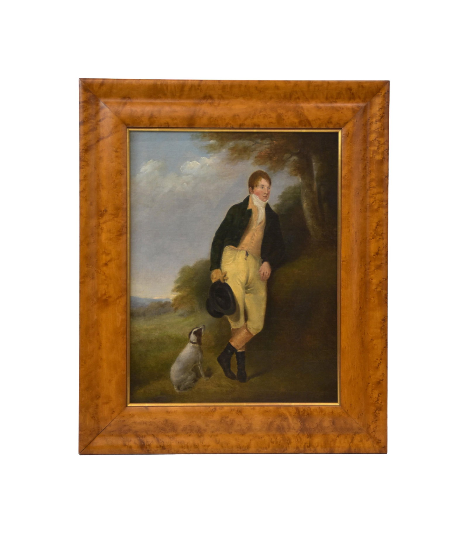 Folk Art Portrait: Mid-19th C. Probably English. Oil on canvas. Portrait of a young gentleman with a top hat and a dog at his side. Unsigned. Sight size: 17" high x 13" wide. In a modern quality burlwood frame measuring
