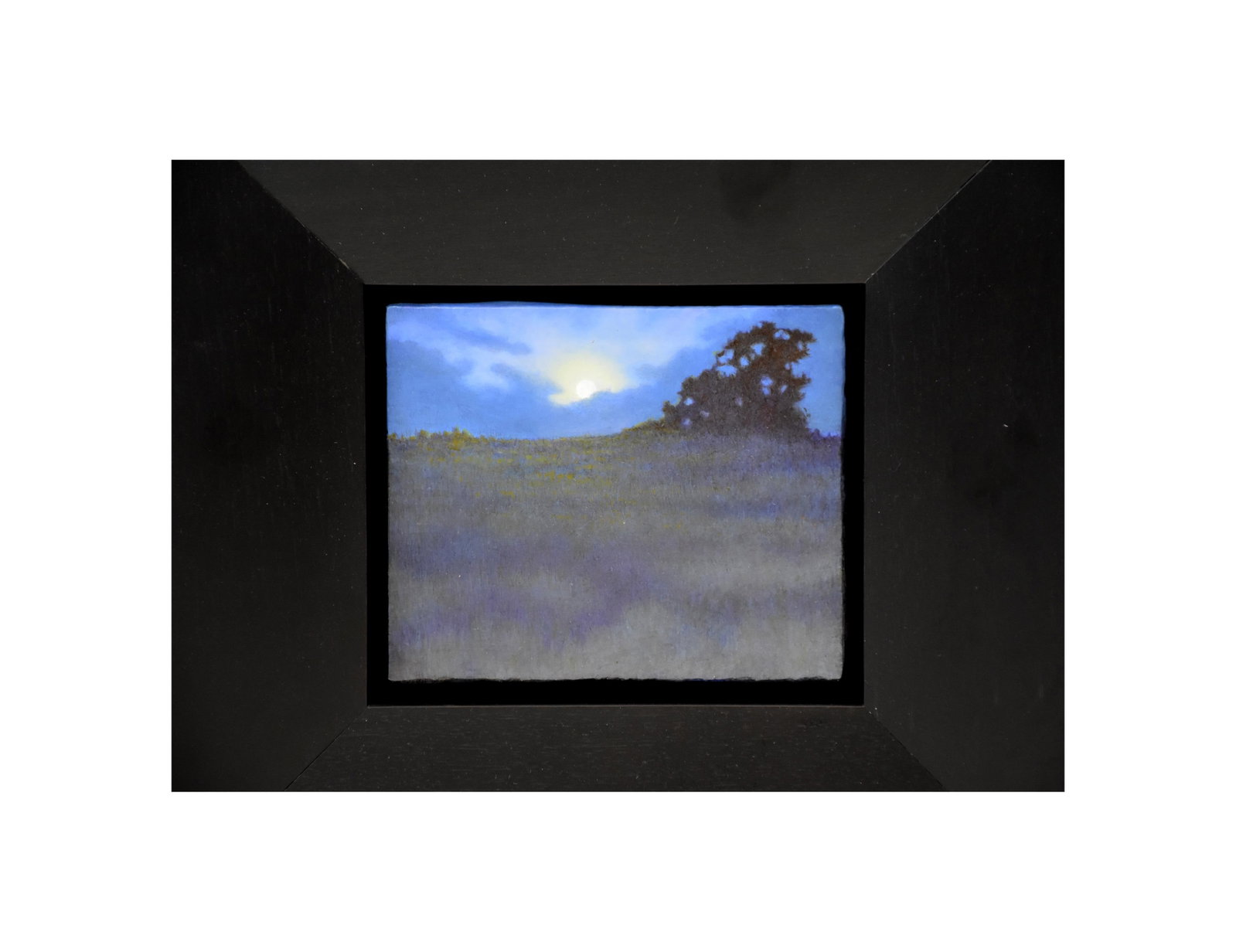 William Shattuck Painting: (American/Massachusetts, b. 1950). Westport/South Dartmouth painter. Oil on board. "Moon over South Dartmouth". Sight size: 8" high x 8 3/4" wide. In a shadowbox frame measuring: 11 1/2" high x 12