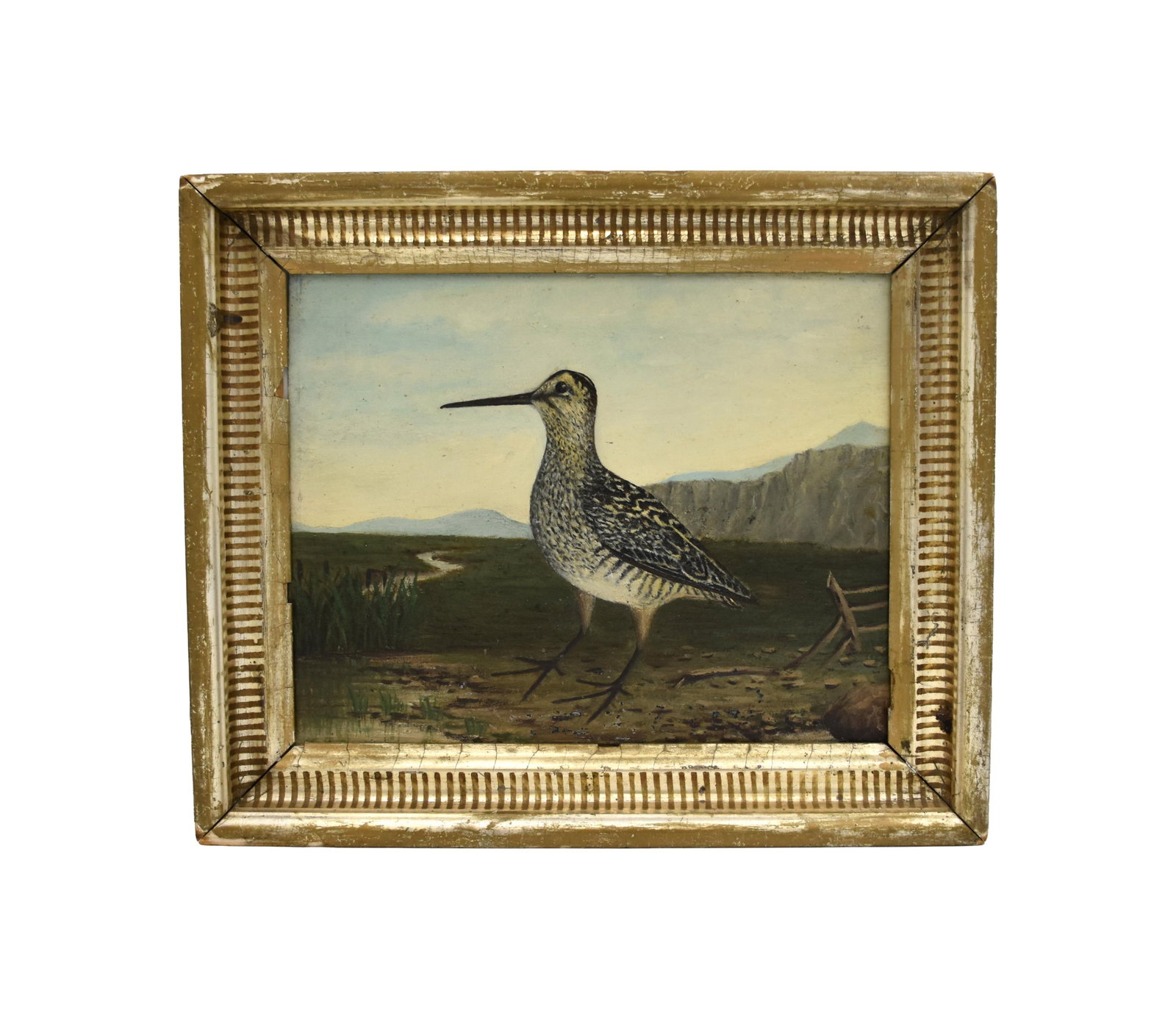 Painting of a Shorebird: Late 19th C. Oil on artist's board. Unsigned. Sight size: 7 1/2" high x 9 1/4" wide. In a silver gilt frame measuring: 10 1/2" high x 12 1/2" wide.Good condition. Frame shows some losses. IMPORTANT-