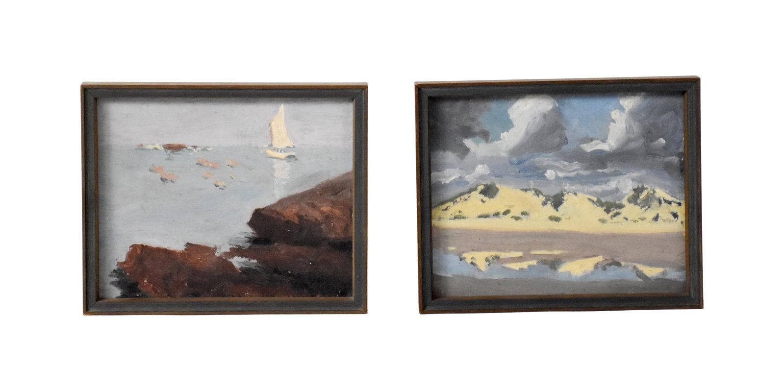 (2) Seascape Paintings: Early 20th C. Oil on board. Both unsigned. To include: (A) Depicts a sailboat and rocky shore. Sight size: 7 3/4" high x 10" wide. In a carved wooden frame measuring: 9" high x 11" wide. (B) Depicts
