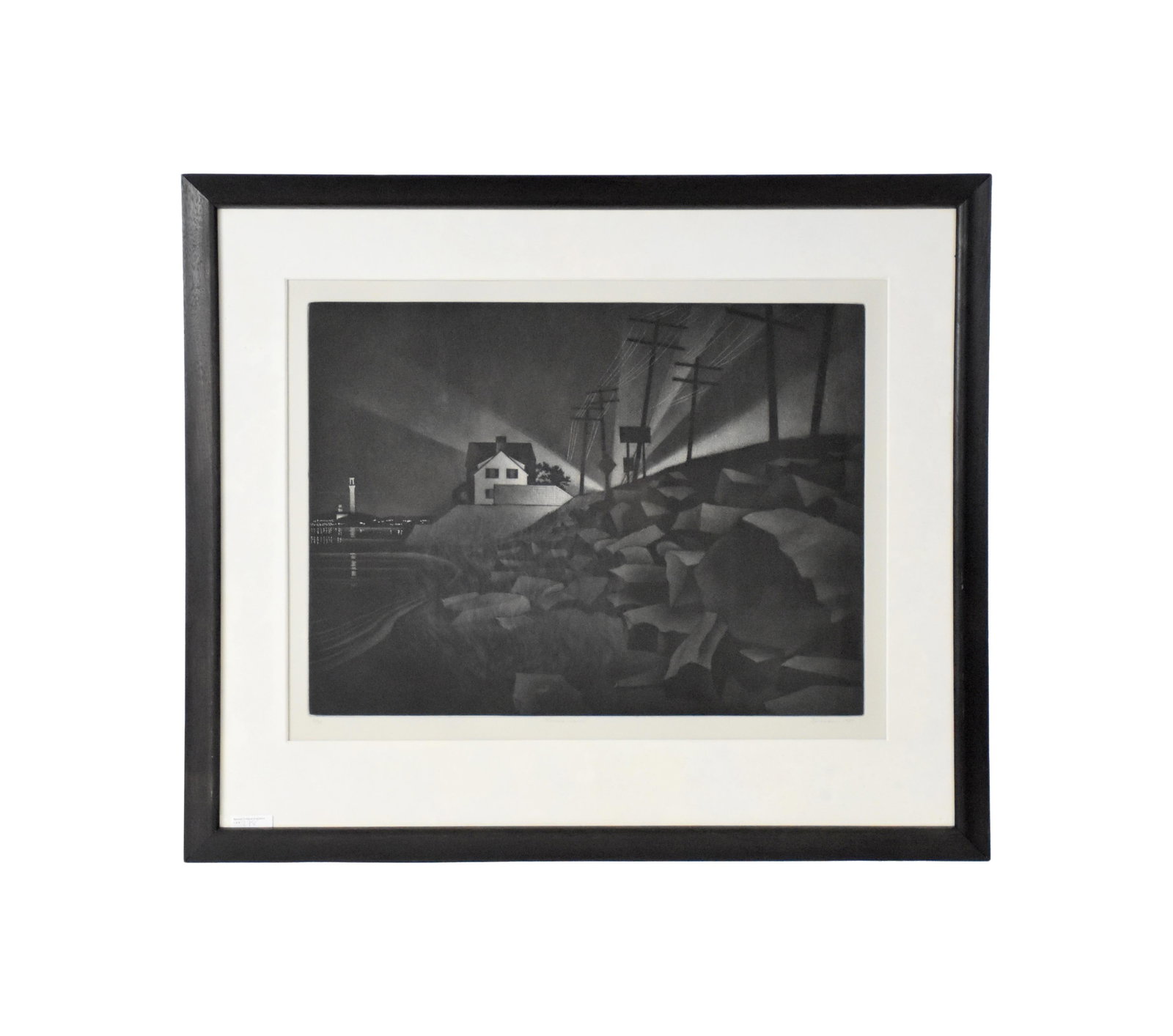 William Behnken Aquatint Etching: (American/New York, b. 1943). "Passing Lights". Dated 1989. 30/30. Depicts a house with Provincetown in the distance. Sight size: 19 1/2" high x 25" wide. In a black wooden frame under glass