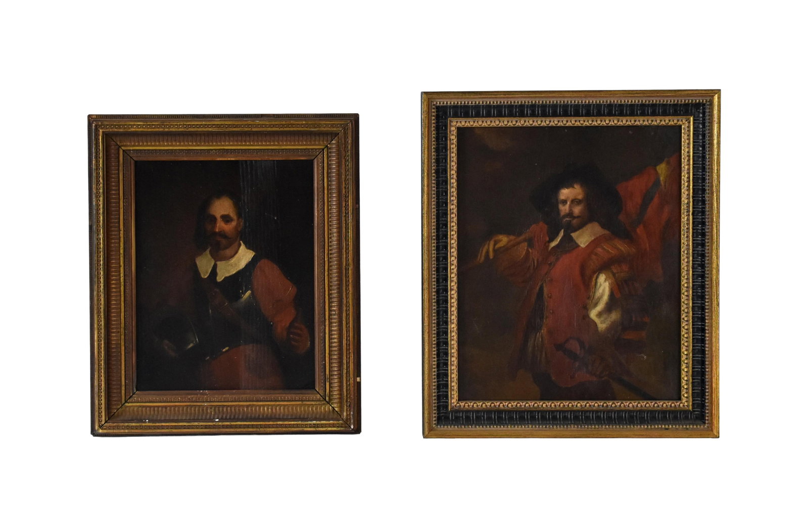 (2) Spanish Colonial Soldier Paintings: Early 19th C. To include: (A) Oil on canvas. Soldier holding a flag and sword. Sight size: 12" high x 9 1/2" sight size. In a newer carved and wooden gilded frame measuring: 15" high x 12 1/2" wide.