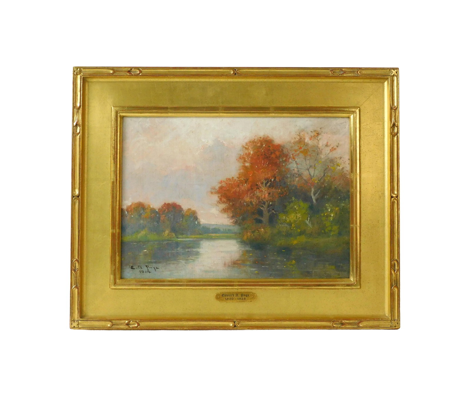Edward A. Page Painting: (American/Massachusetts, 1850-1928). Oil on canvas. Autumn river landscape. Signed lower left E.A. Page, 1914. Sight size: 10" high x 13 1/2" wide. In an exceptional modern carved and gilded frame