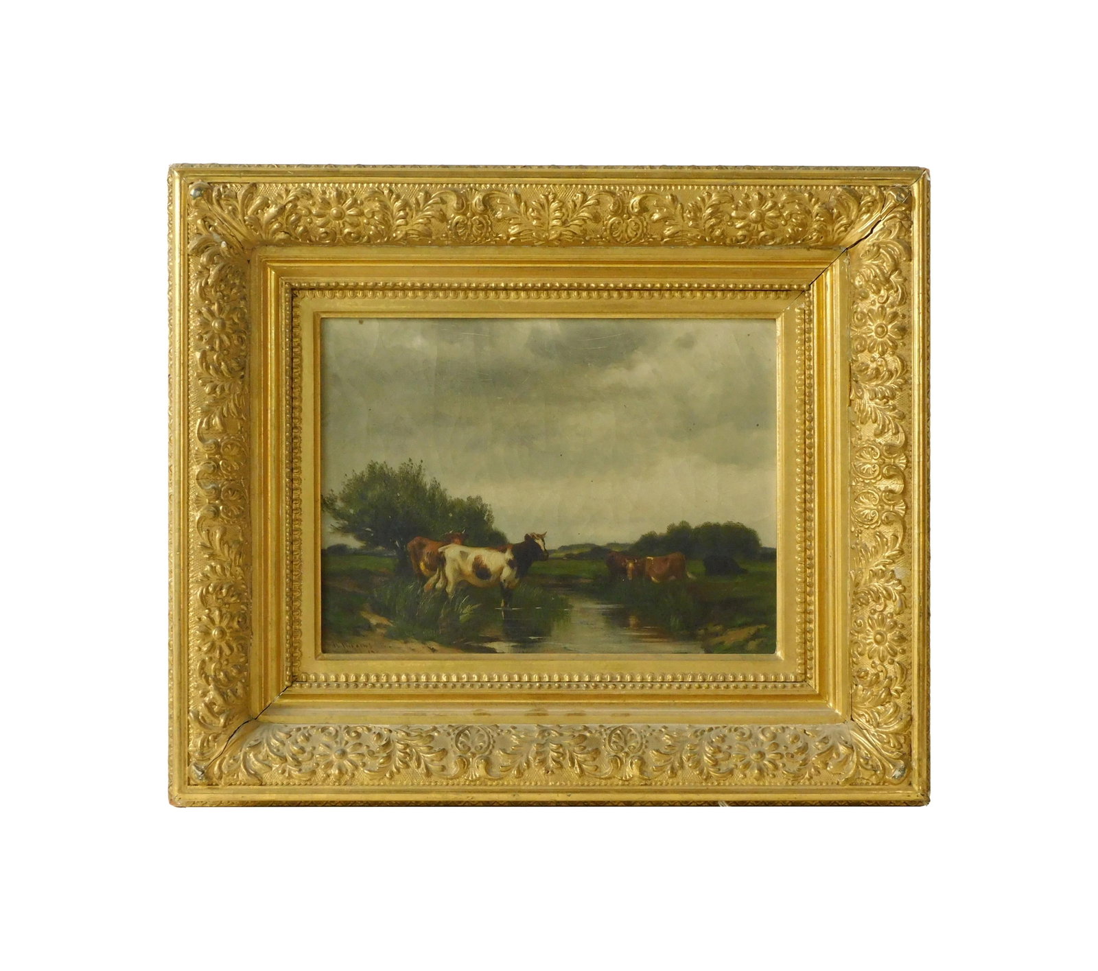 Carleton (J. Carleton) Wiggins Painting: (American/Connecticut/New York, 1848-1932). Oil on canvas. River landscape with cows. Signed lower left "J.C. Wiggins". Illegible date. Sight size: 9" high x 11 1/2" wide. In a period carved and