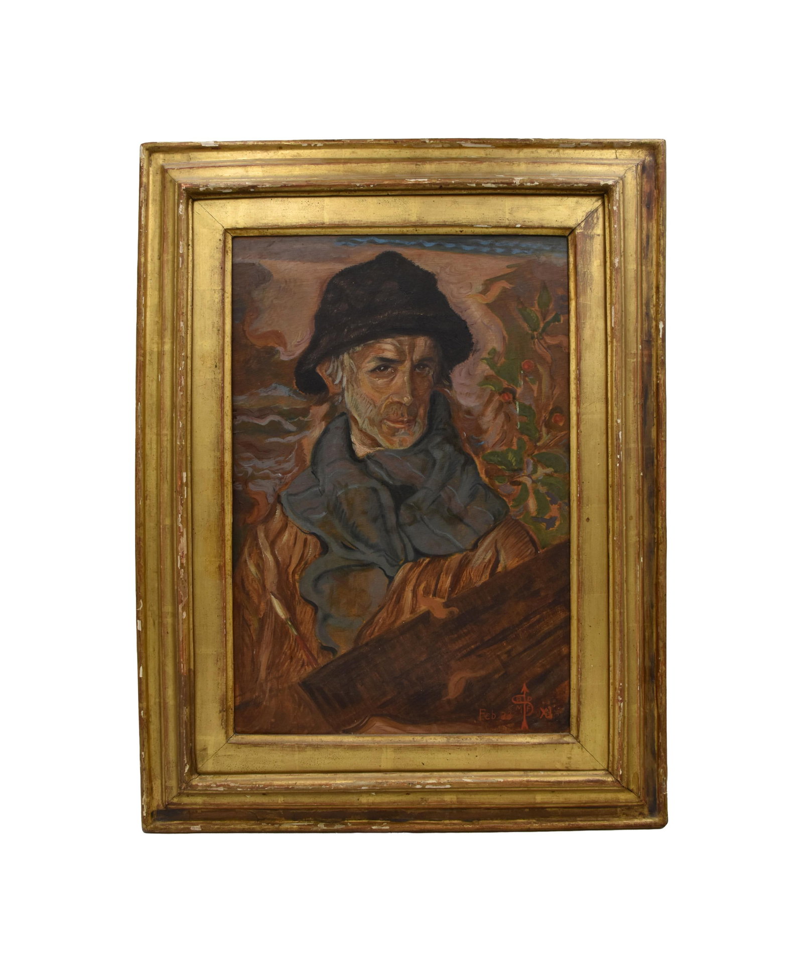 Raoul Dal Molin Ferenzona: (Italian, 1879-1946). Oil on wood panel. Portrait of an artist. Signed and dated lower right, February 1933. Sight size: 19" high x 12/ 1/2" wide. In a carved and gilded period frame measuring: 26