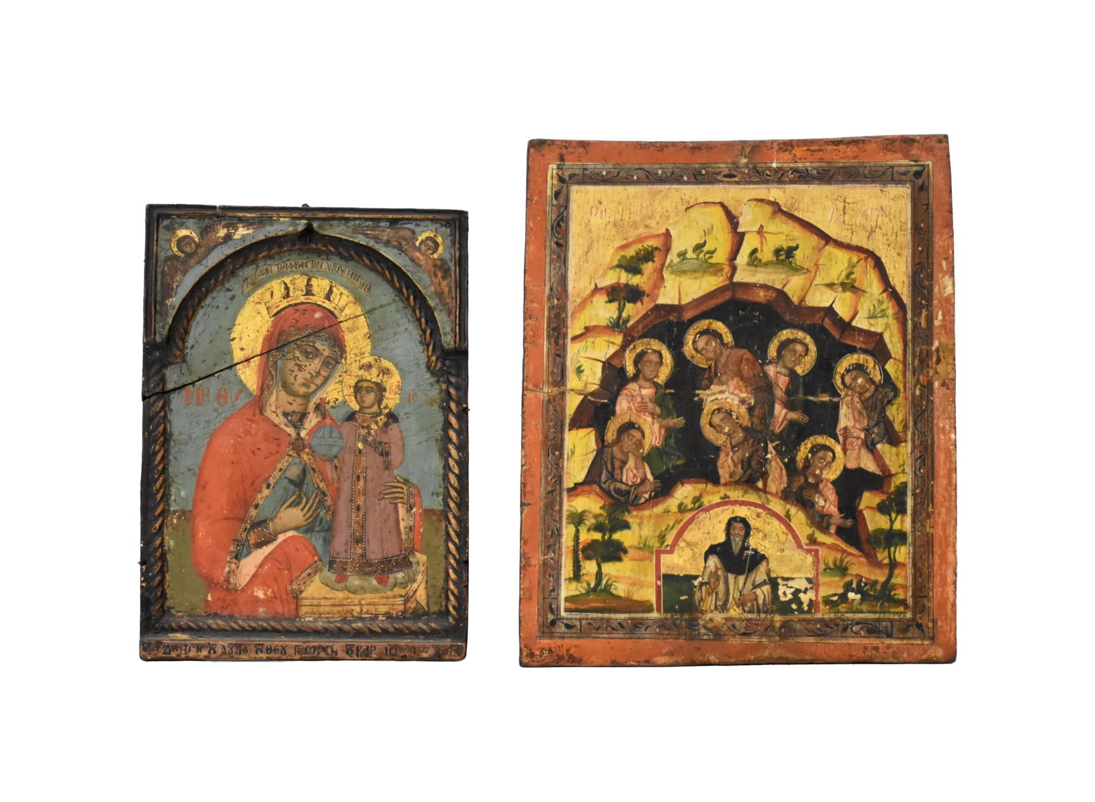 Two Early Wooden Icons: 18th/19th C. Most likely Russian Orthodox. To include: (A) Possibly the Seven Sleepers of Ephesus. 15" high x 12 1/4" wide. (B) Mary with Christ child with angels in upper corners. 13" high x 9 1/2"
