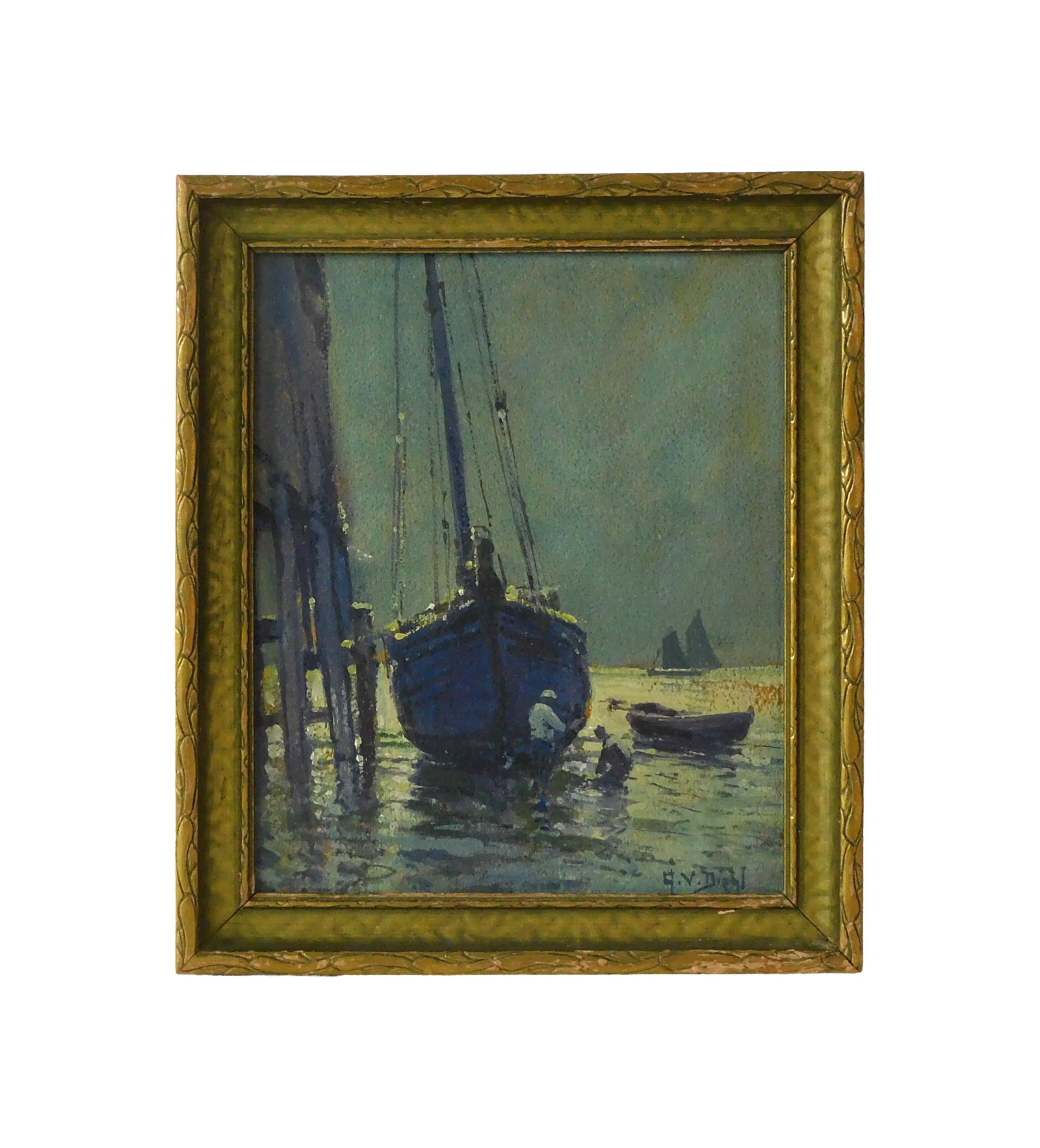 Arthur Vidal Diehl Painting: (British/American/Massachusetts/New Jersey/Florida, 1870-1929) Oil on artist's board. Depicts fishing boats at a dock, most likely Provincetown. Signed lower right A.V. Diehl. Old $6 price tag on