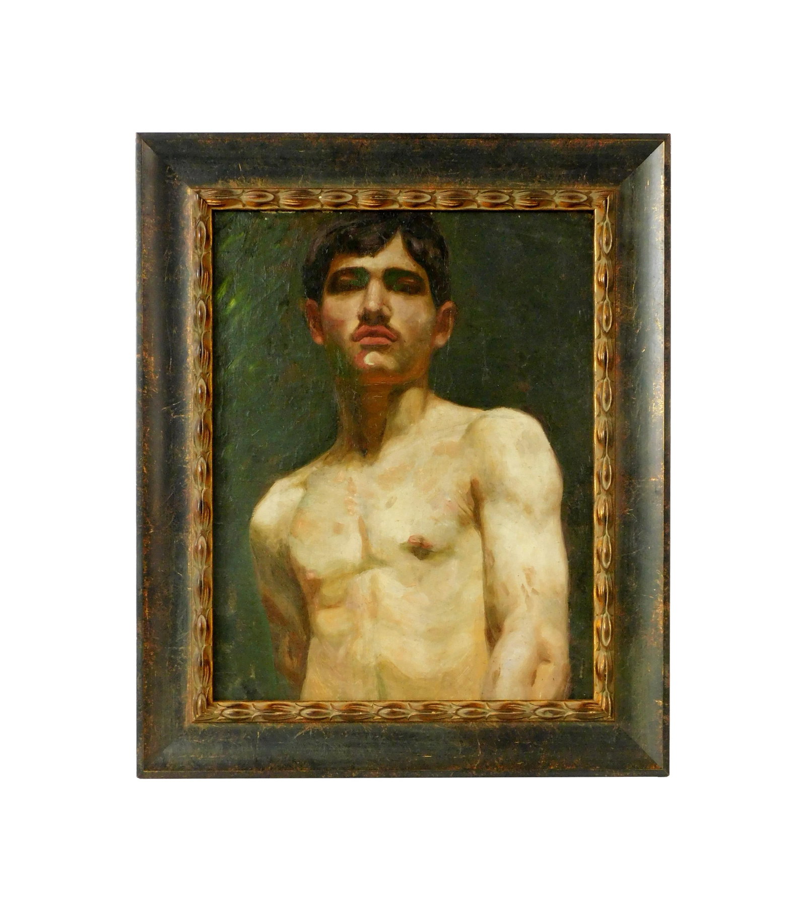 Male Nude Portrait: Late 19th/Early 20th C. Possibly Polish School. Oil on canvas laid down on wooden panel. Unsigned. Sight size: 22" high x 17" wide. In a modern distressed black lacquer frame measuring: 28 3/4" high