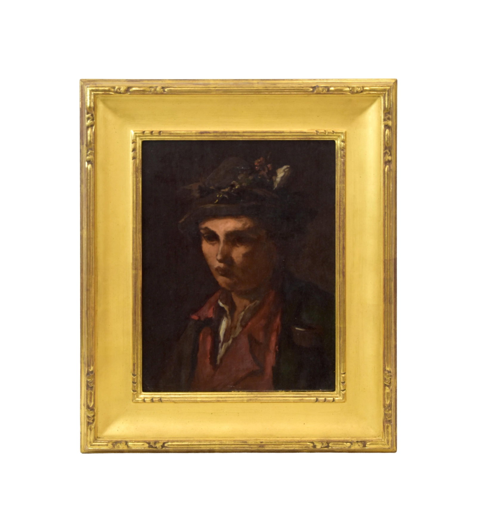 Rose Lamb Painting: (American/Massachusetts, 1843-1927). Oil on panel. Half portrait of an Italian boy. Unsigned. Identified on a notecard attached by Al Walker. Sight size: 18" high x 14" wide. In a modern high quality