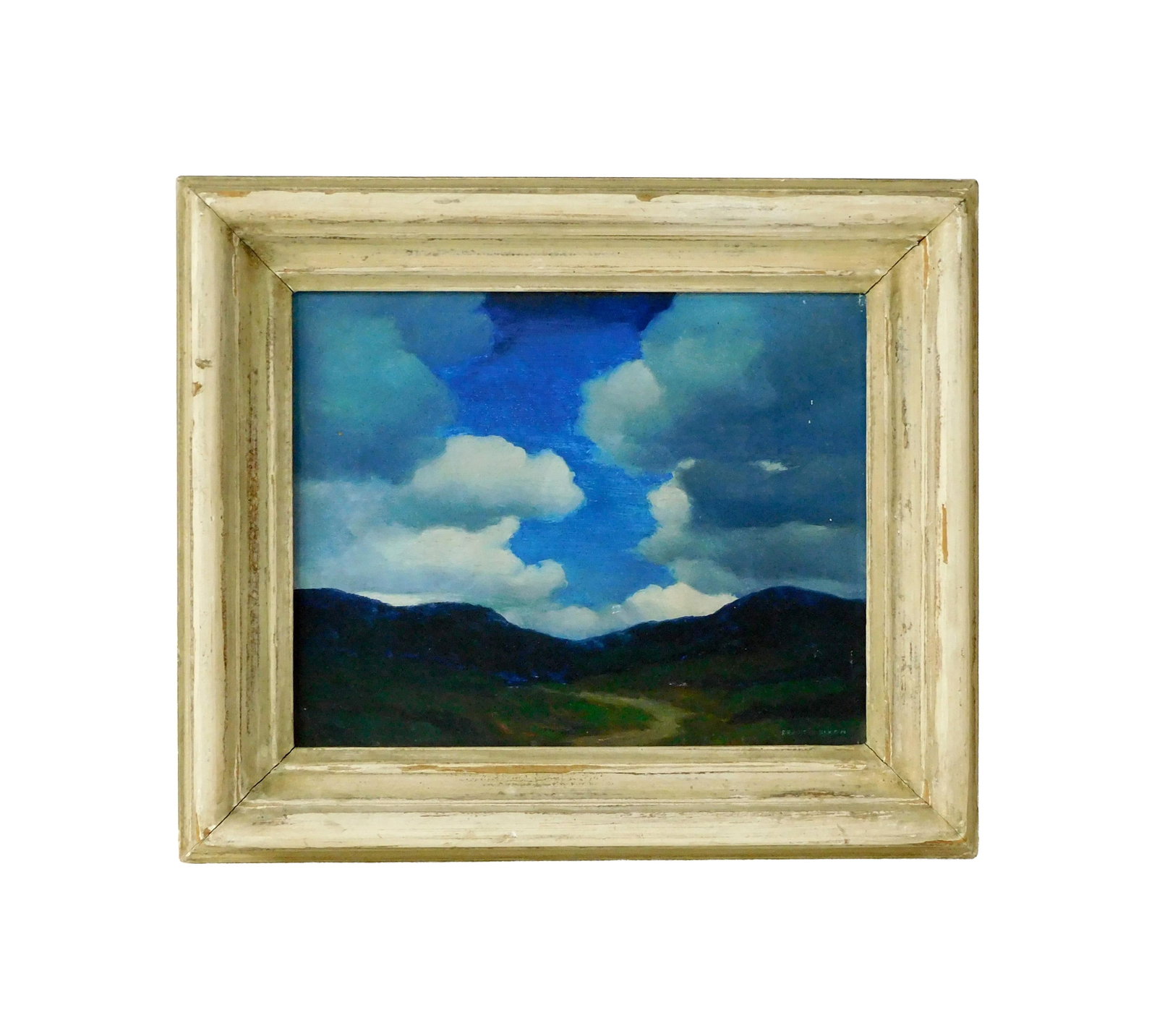 Francis Dixon Painting: (American, 1879-1967). Oil on board. Mountain landscape with sky. Signed lower right. Sight size: 8 3/4" high x 9 1/2" wide. In a white painted frame measuring: 11 1/2" high x 13 1/2" wide.