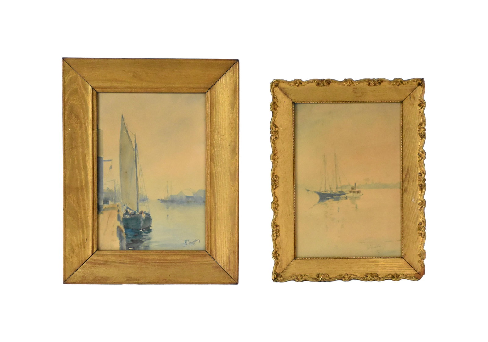 (2) Henry Plympton Spaulding Watercolors: (American/Massachusetts, 1868-1938). To include: (A) Depicts sailboat at dock, possibly Provincetown. Signed lower right and dated '05. Sight size: 9 3/4" high x 6 1/2" wide. In a gilded oak frame