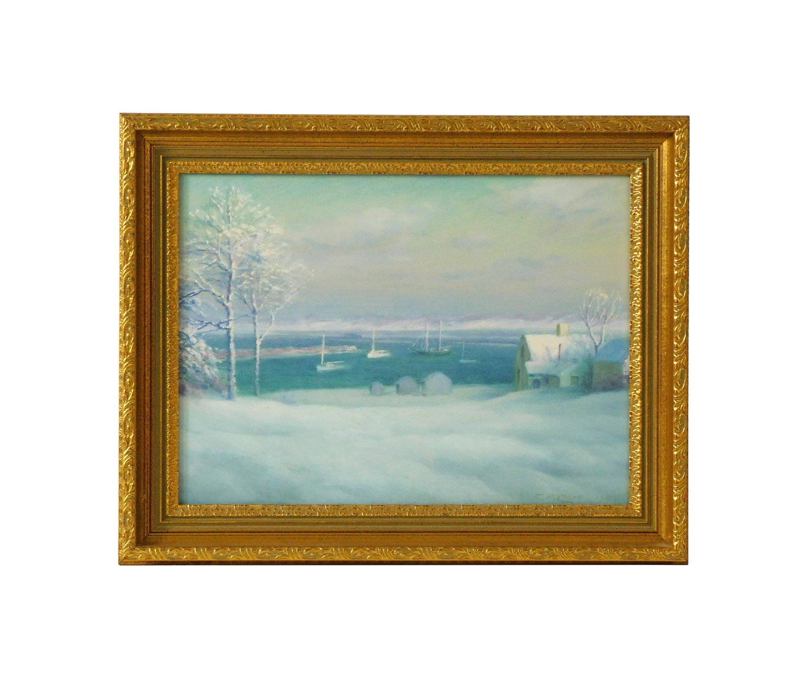 Frederick Hatfield Clark Painting: (American/New Jersey/Massachusetts, 1862-1947) Early 20th C. Depicts Lake Tashmoo, Martha's Vineyard in winter. Signed lower right. Pastel on paper. Dated illegibly. Sight size: 11" high x 15" wide.