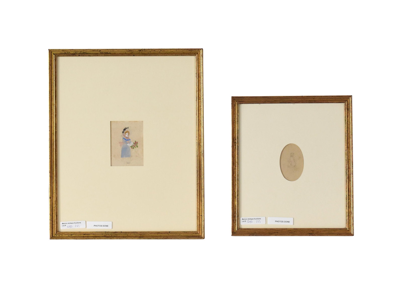 (2) Kate Greenaway Drawings: (American/Rhode Island, 1846-1901). To include: (A) Pencil drawing/study. "The Young Boy Dancing". Unsigned. Sight size: 2 1/2" long x 2" wide. In a giltwood frame under glass measuring: 9 3/4" high