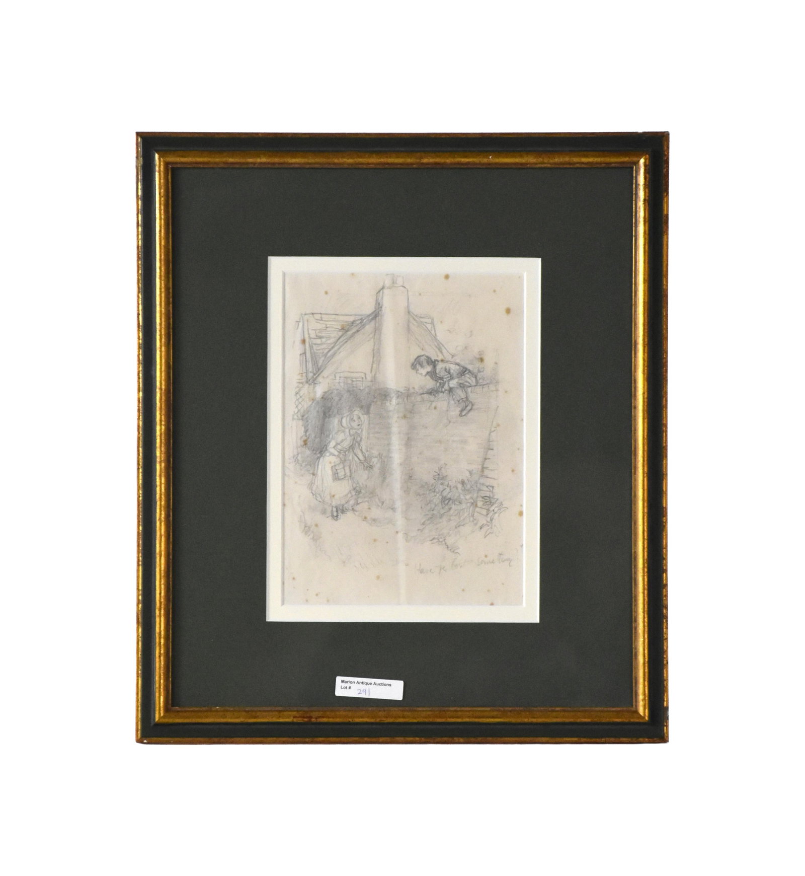 Ernest Howard Shepard Drawing: (British, 1879-1976). Pencil drawing of a young boy on top of a garden wall speaking to a girl. Inscribed lower right: "Have ye lost something?" Sight size: 8 1/2" high x 6 1/4" wide. In a gilt and