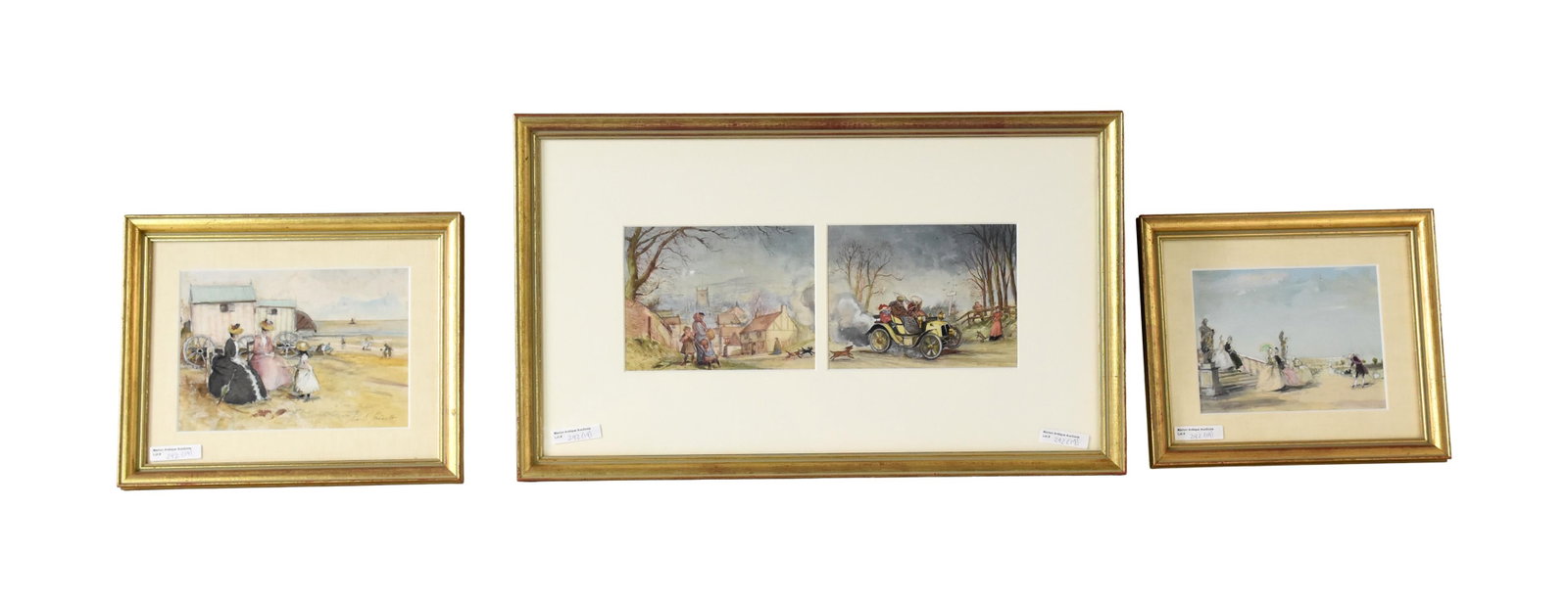 John S. Goodall Prints and Books: (British, 1908-1996). To include: (A) Watercolor of two ladies speaking with a child at a coastal bathing scene. Signed lower right. Sight size: 5 3/4" high x 8" wide. In a gilded frame under glass