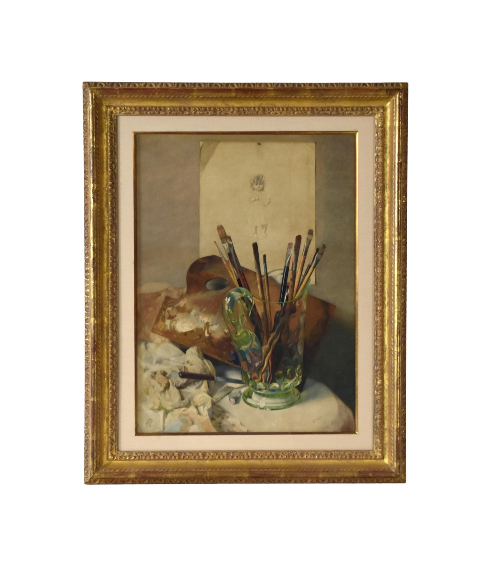 Henrietta Burgess Painting: (American/California/Washington, b. 1897). Watercolor. Sill life with artist's table with paintbrushes in a green glass pitcher, palette and incomplete drawing of a young girl. Signed H. Burgess
