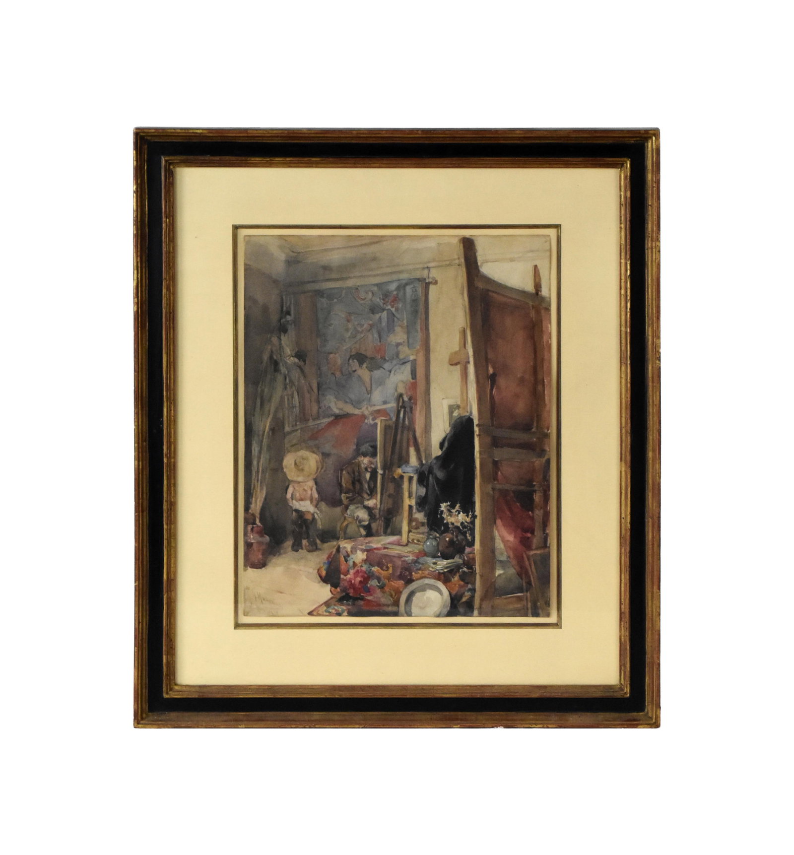 Henry Muhrman Painting: (British/American/New York, 1854-1916). Watercolor on paper. Depicts artist's studio with artist at work. Signed lower left "H. Muhrman". Sight size: 17 1/4" high x 13 3/4" wide. In a gilded and