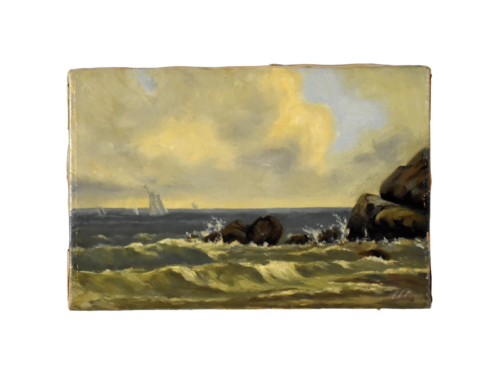 Coastal Scene Painting: 19th C. Oil on canvas. Coast with sailboats in background. Unsigned. Sight size: 6" high x 9" wide. Unframed.Original stretcher. IMPORTANT- Please note: all items are sold as is, where is, with all