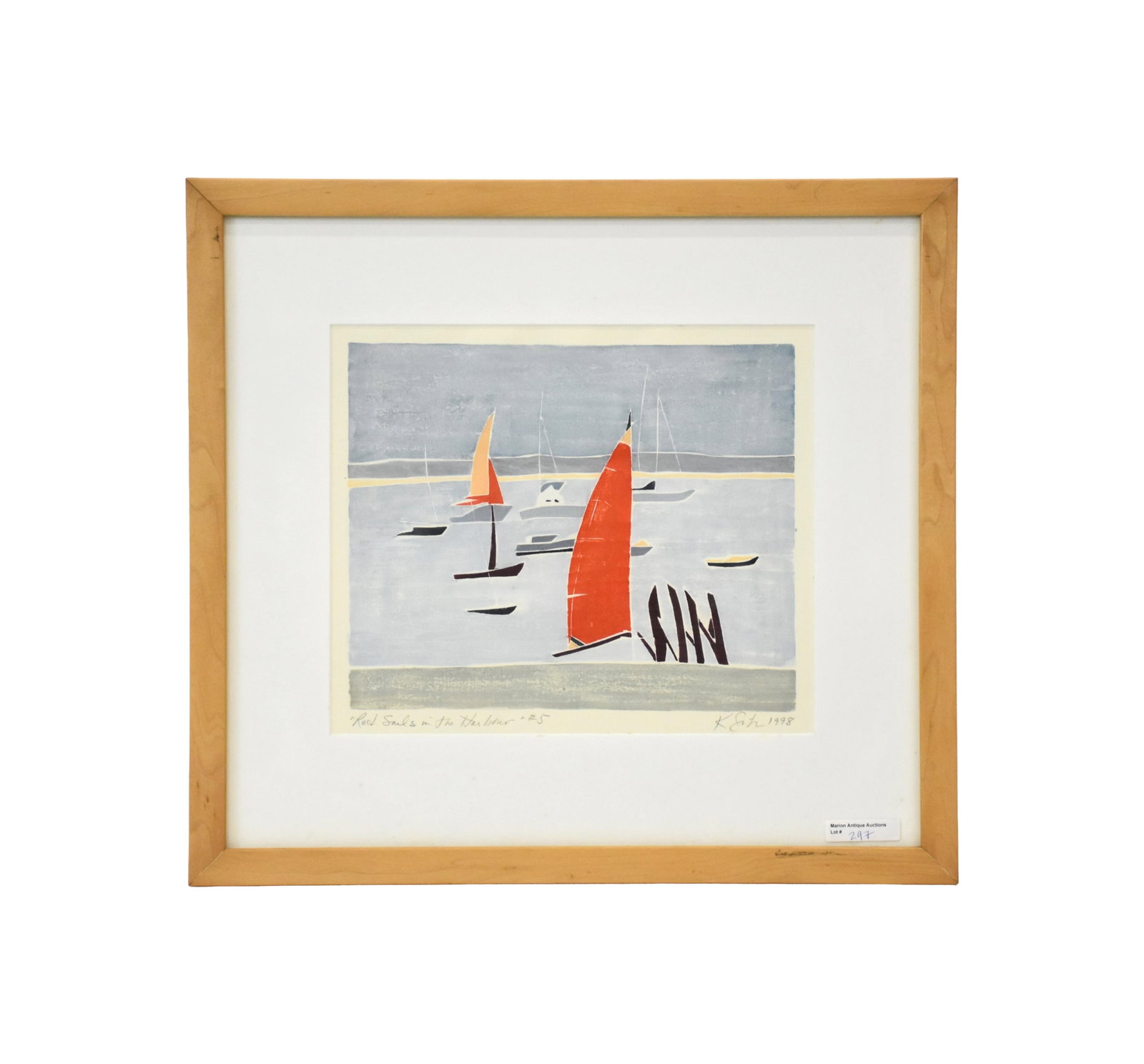 Kathryn Lee Smith Painting: (American/Massachusetts, b. 1953). Watercolor on paper. Titled lower left: "Red Sails in the Harbor, #5". Probably Provincetown. Signed and dated 1998 lower right. Sight size: 9 1/2" high x 11 1/2"