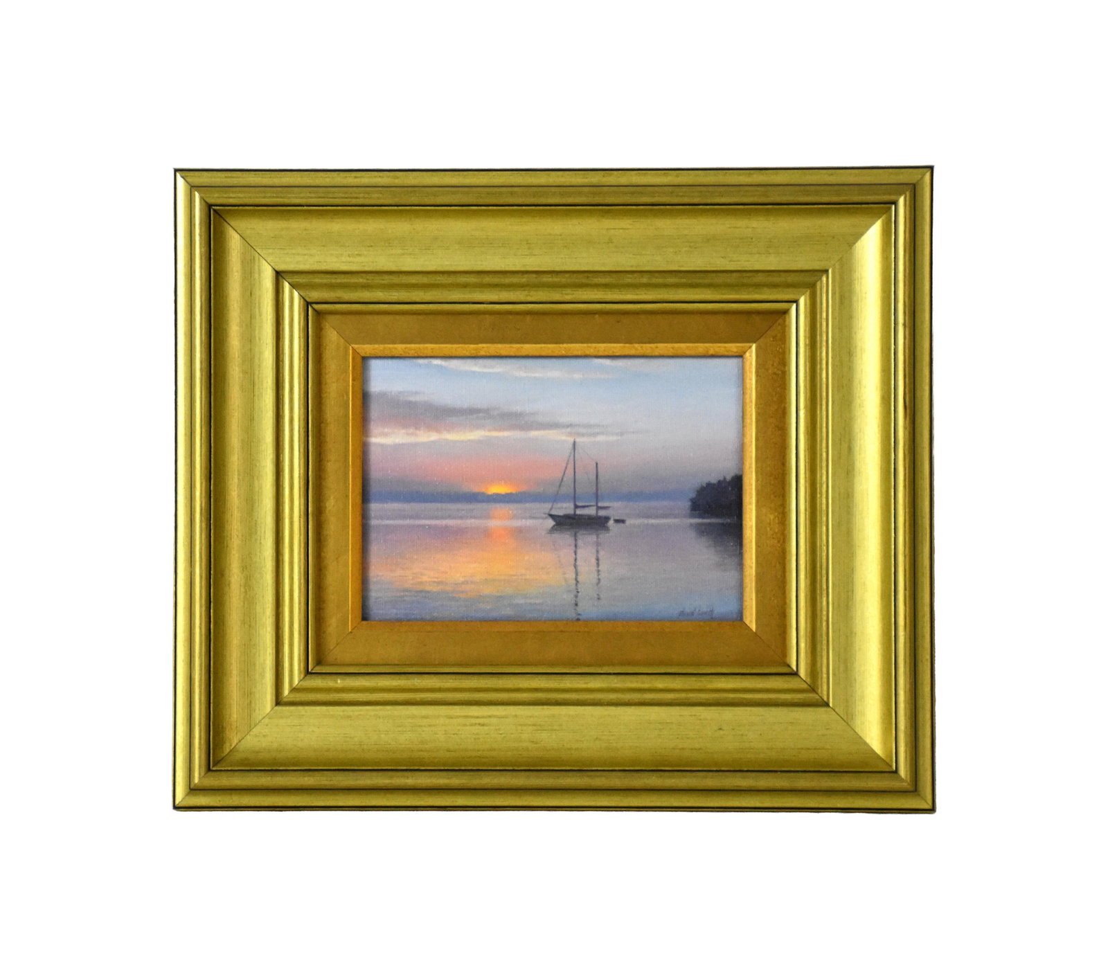 David Heath Painting: (American/Virginia, b. 1950). Oil on canvas. "Sunrise Solitude". December, 1992. Signed lower right. Sight size: 5" high x 7" wide. In a contemporary carved gold frame measuring: 11" high x 13"
