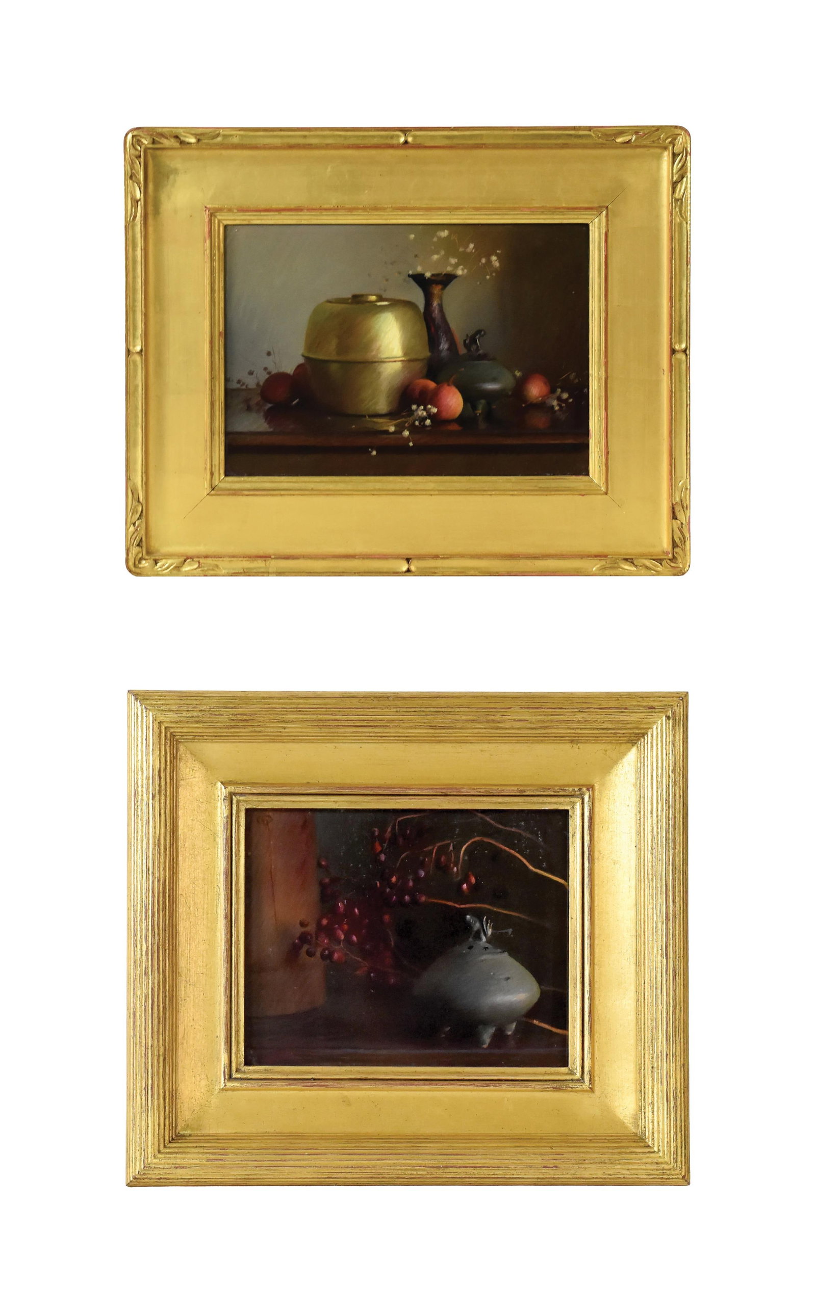 (2) Paul Ingbretson Paintings: (American, b. 1949). Mixed media. To include: (A) Still life depicting vase and berries. Signed, dated, and titled "Vase and Berries" on verso. Sight size: 7 1/2" high x 9 1/2" wide. In a carved gilt