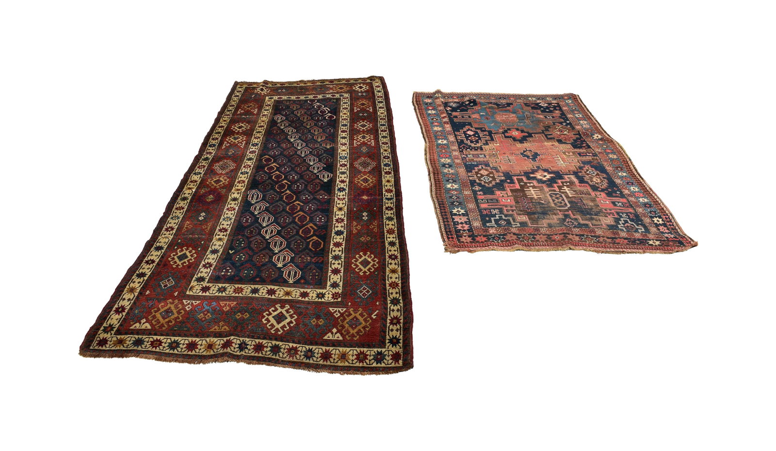(2) Antique Caucasian Rugs: To include: (A) Hall runner. Geometric and boteh medallions in the borders. 9' 1" x 3' 11 1/2". (B) Geometric designs with three center medallions. 6' 4" x 4' 3". (A) Center shows wear with two old