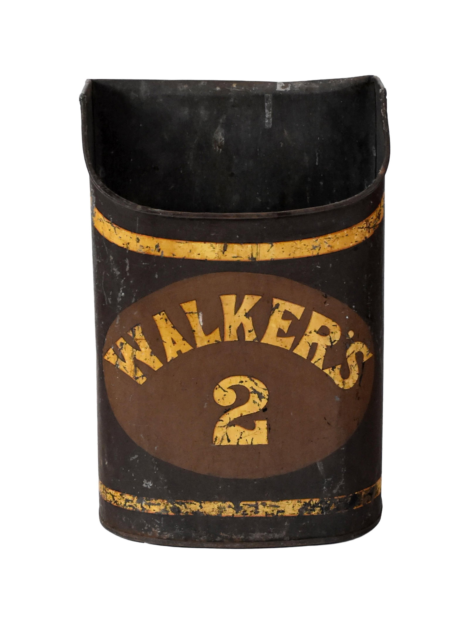 Tin Bin: 19th C. Marked "Walker's 2". 23 1/2" high x 15 3/4" wide x 9 1/2" deep. Provenance: Estate of Alfred J. Walker, legendary art dealer and collector. Founder of Walker-Cunningham Fine Art.Surface shows