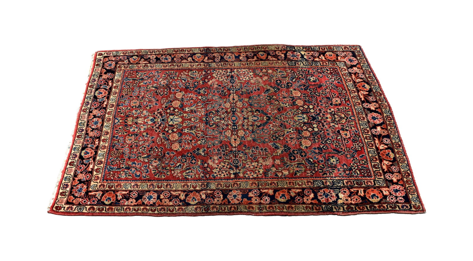 Sarouk Scatter Rug: Semi-antique. Overall floral design. 5' 1" x 3' 7 1/2".Good condition. Age appropriate wear. IMPORTANT- Please note: all items are sold as is, where is, with all faults. Marion Antique Auctions