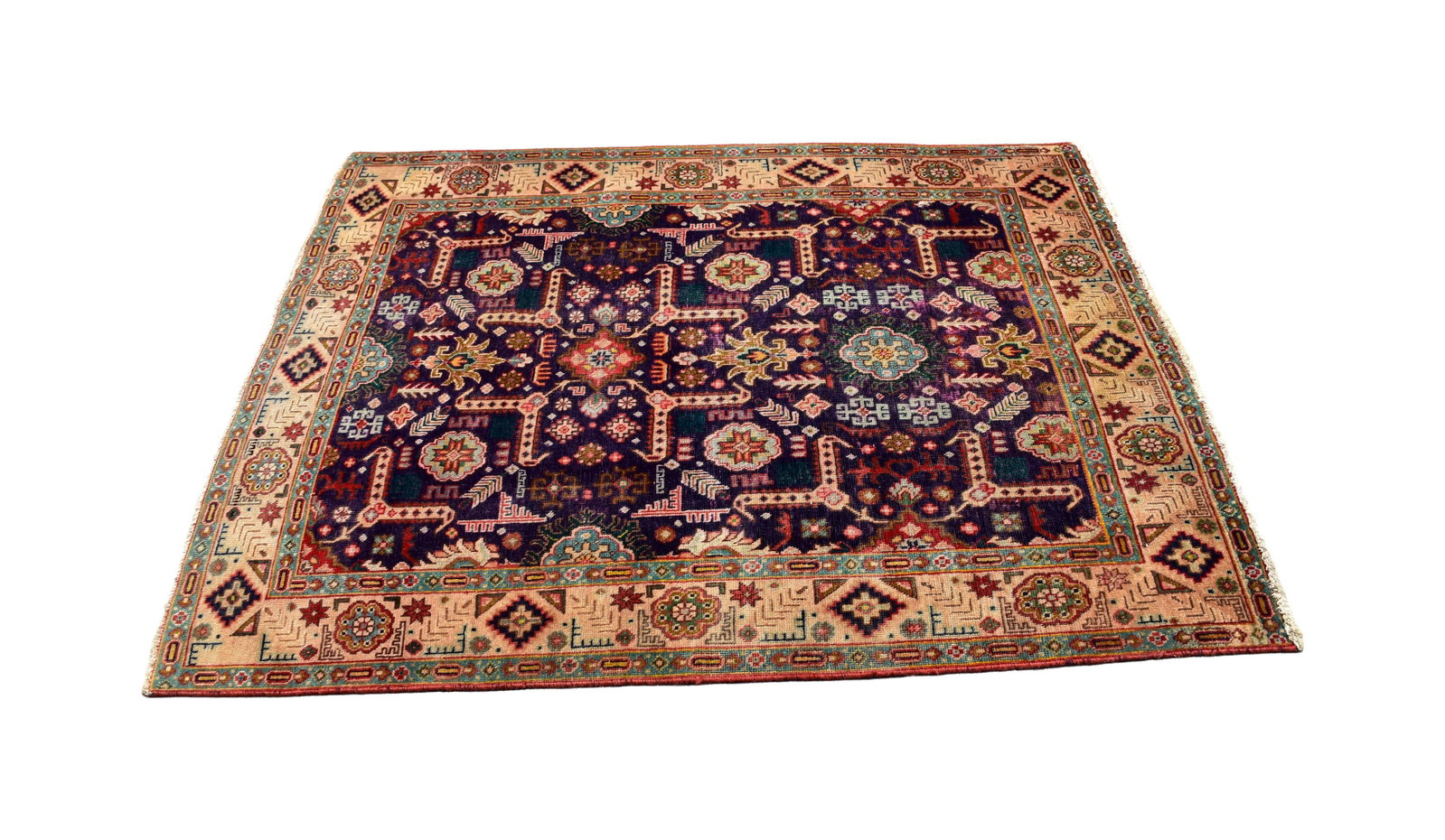 Semi-Antique Oriental Scatter Rug: Geometric and floral design. 6' x 4' 5".Fair condition. Shows overall wear. IMPORTANT- Please note: all items are sold as is, where is, with all faults. Marion Antique Auctions encourages all bidders