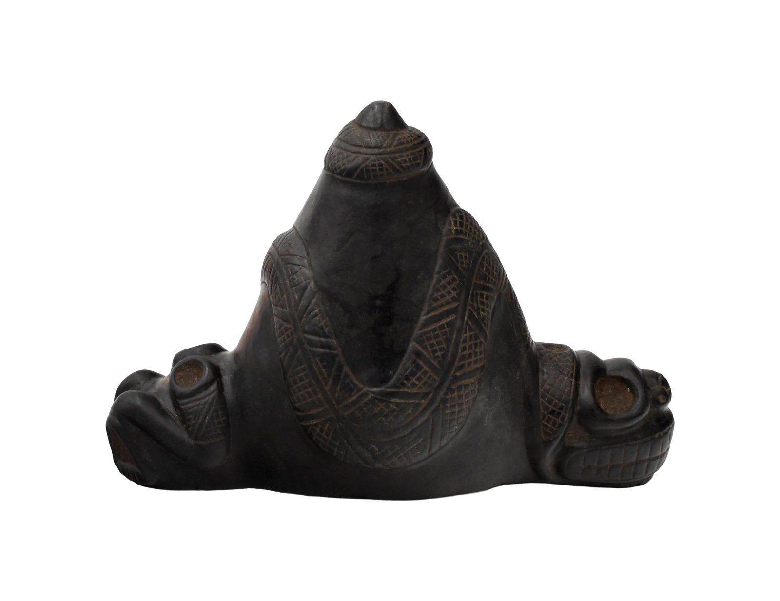 Taino Snake Zemi: Ca. 600-1500AD. Magnetite. 6 1/2" high x 9" wide x 4 1/2" deep. The snake is relief-carved and wrapped around the cone, ending at the serpent's head. Its body is incised with two bands of